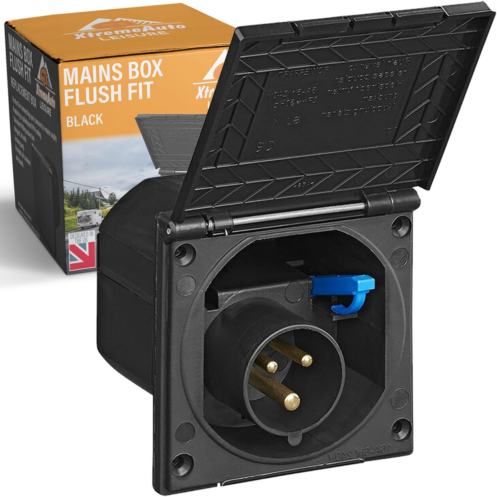 Black electrical socket with open cover and packaging in the background
