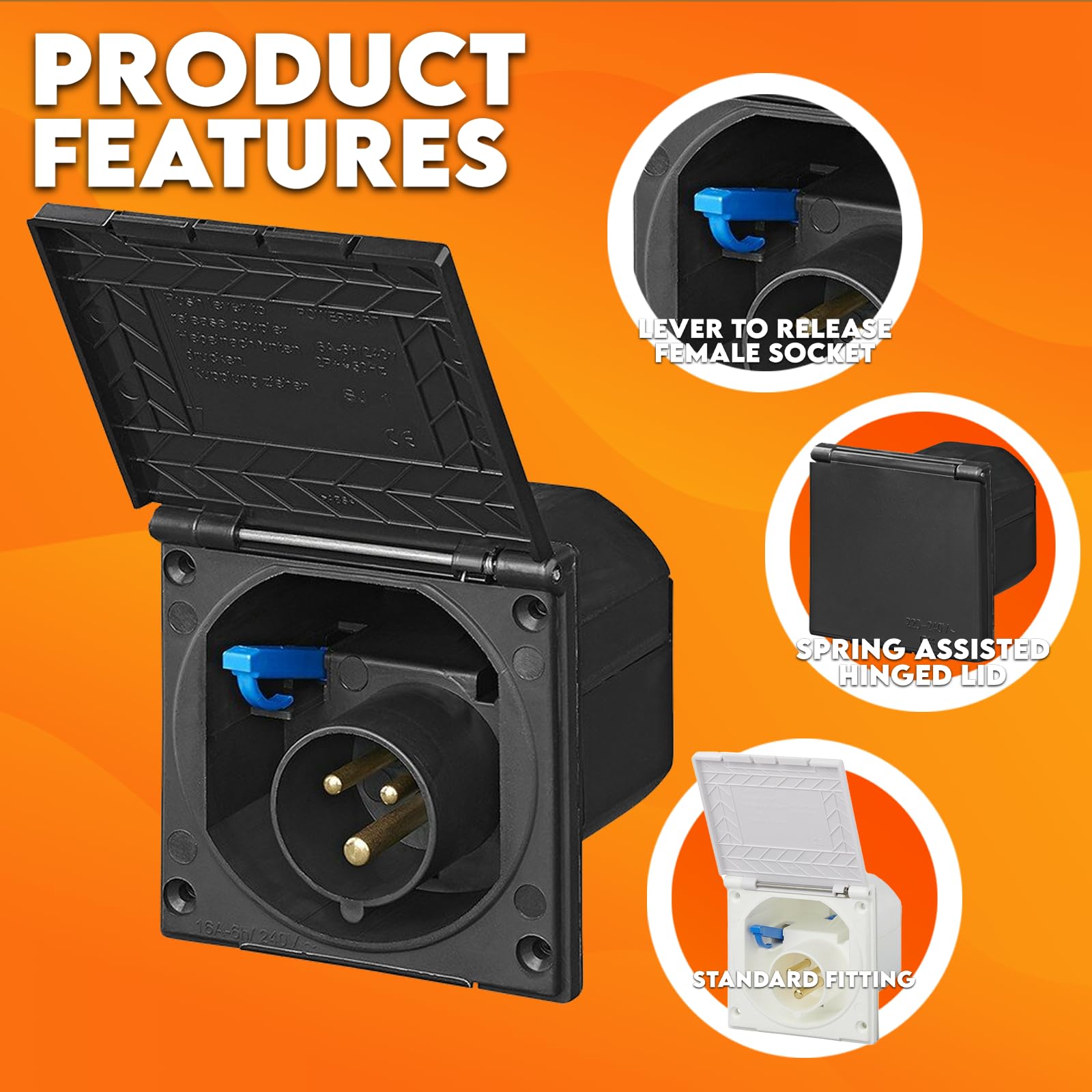 Electrical socket with hinged lid on an orange background, featuring product features.