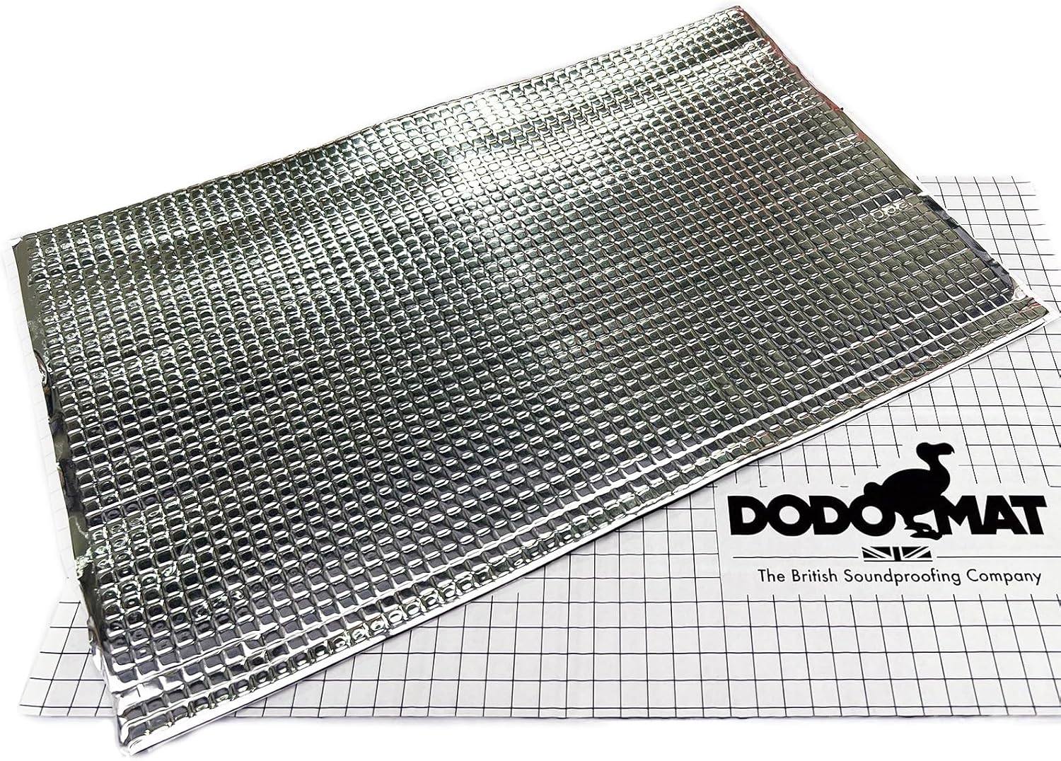 sound deadening material with dodo mat branding on a grid background
