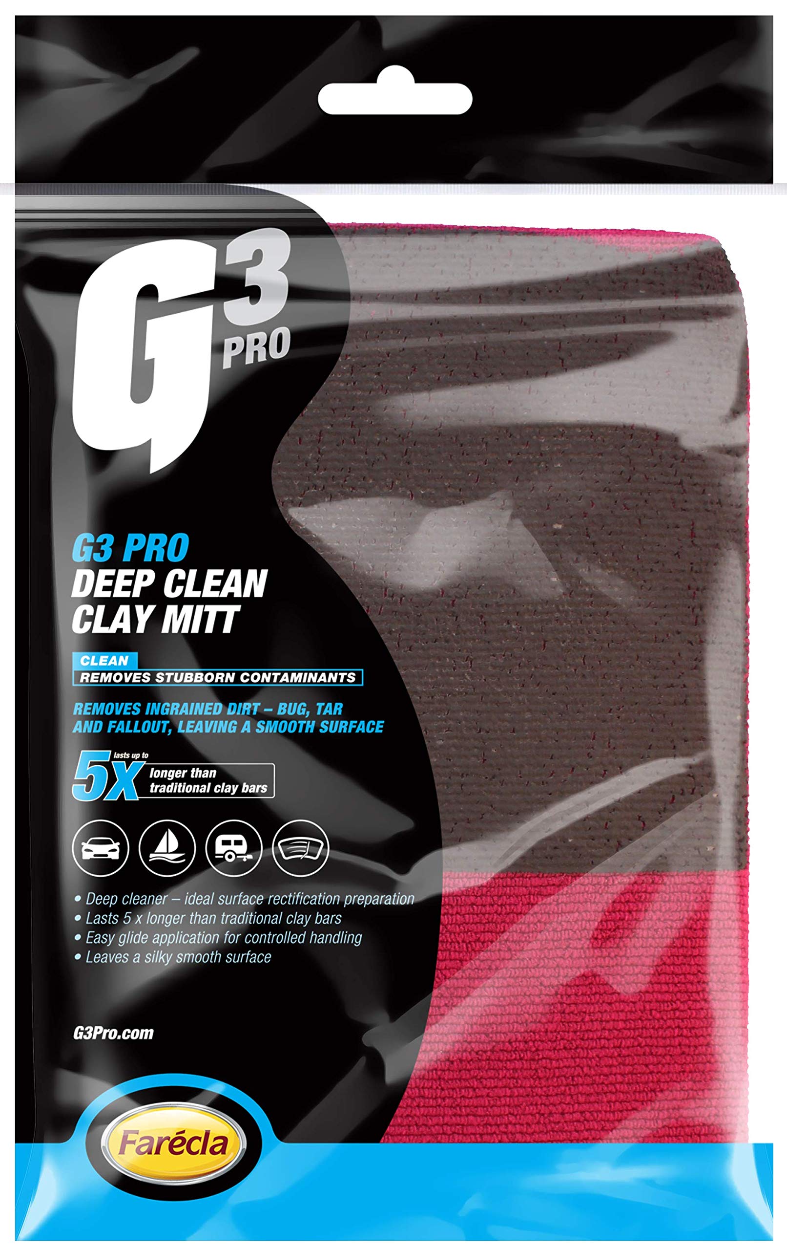 G3 Pro deep clean clay mitt packaging with black background