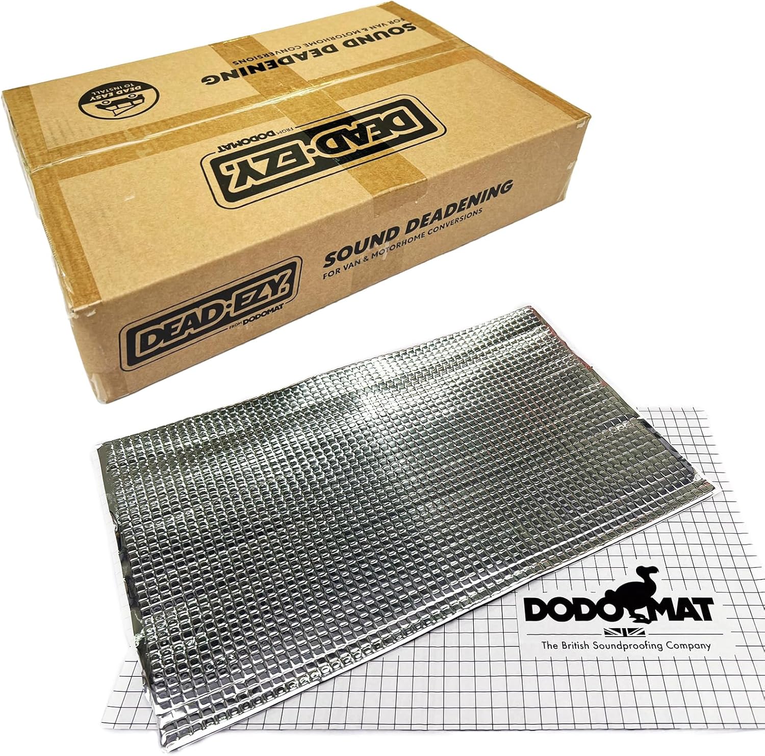 Sound deadening material with Dead-Ezy packaging on a grid background