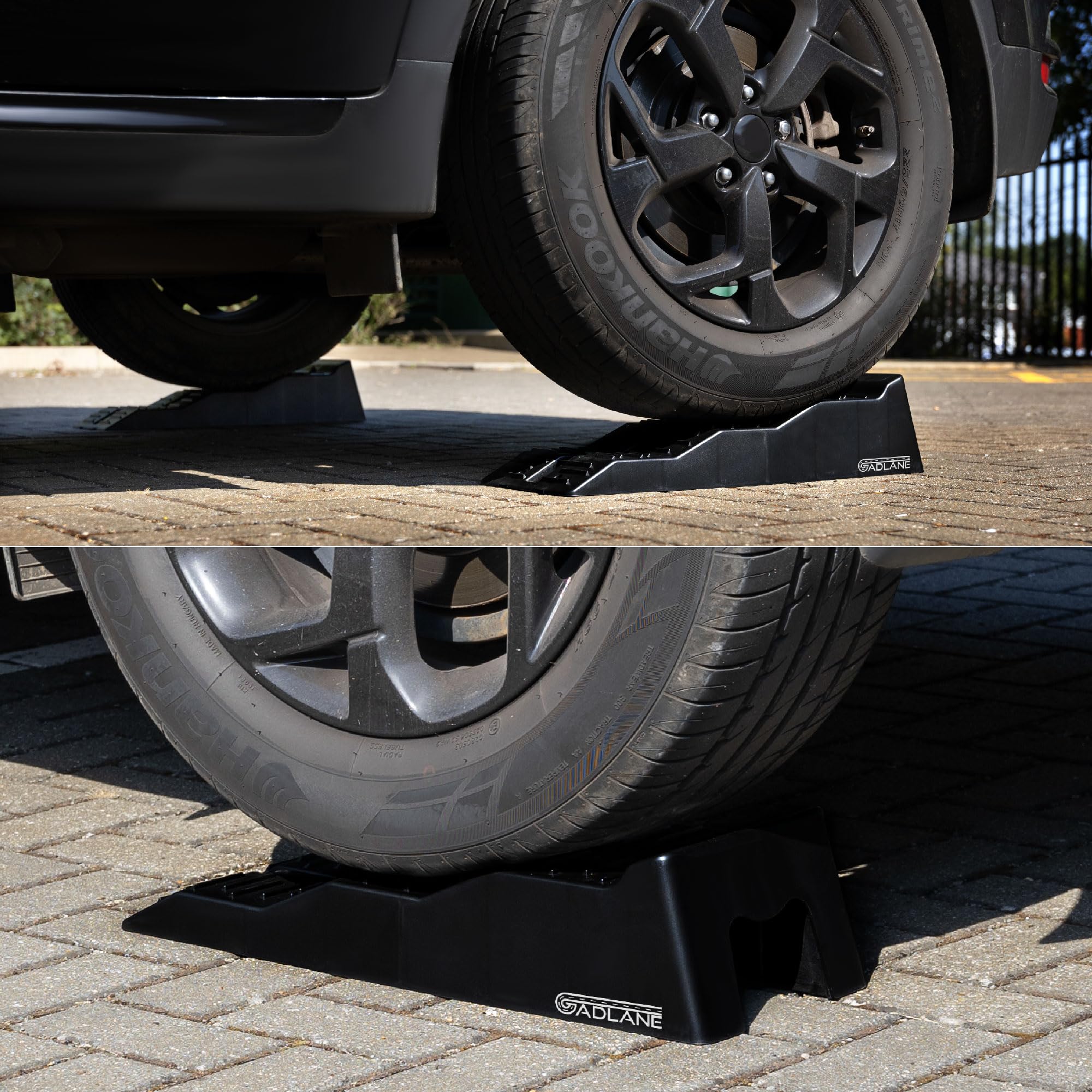 Car tire on a black car jack with a blurred background