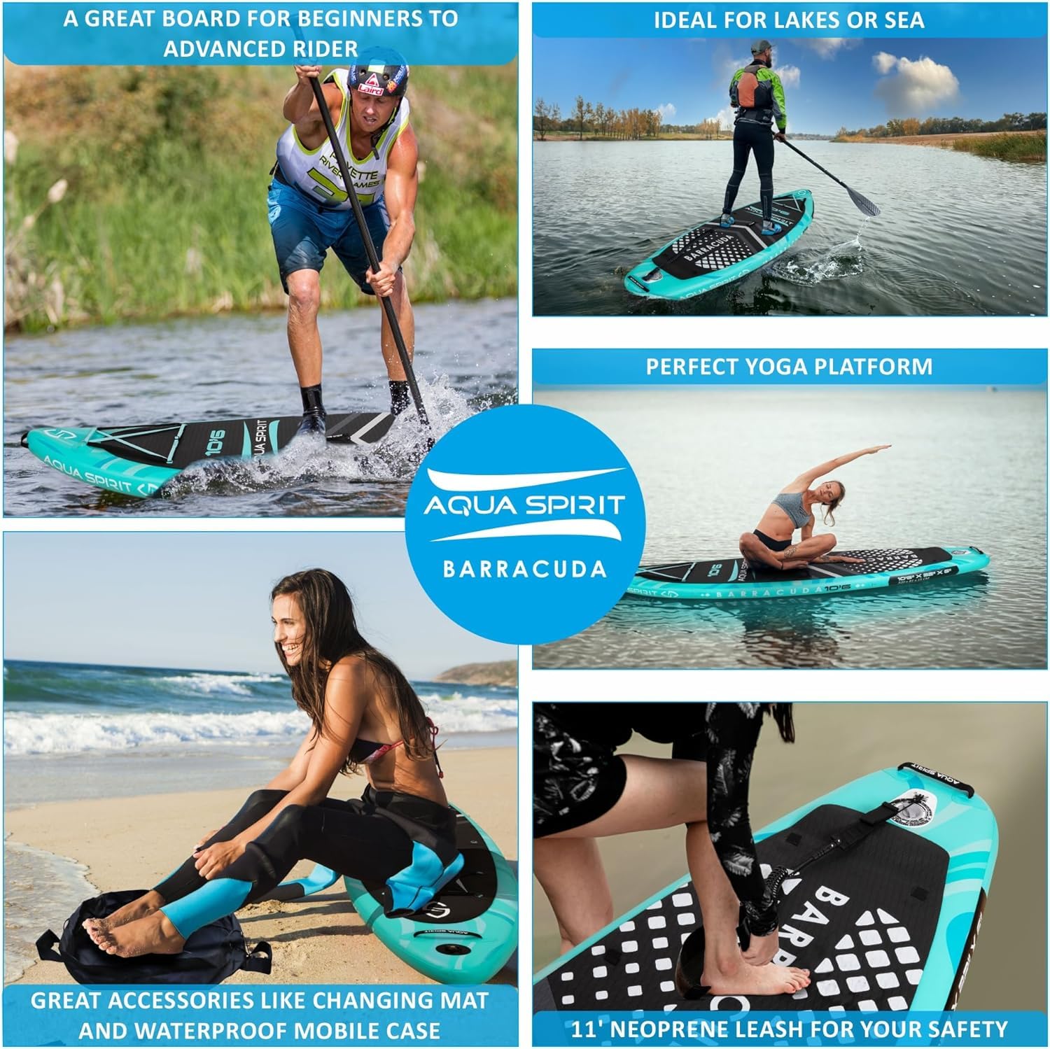 Collage of people using a Aqua Spirit Barracuda paddle board on water and beach.
