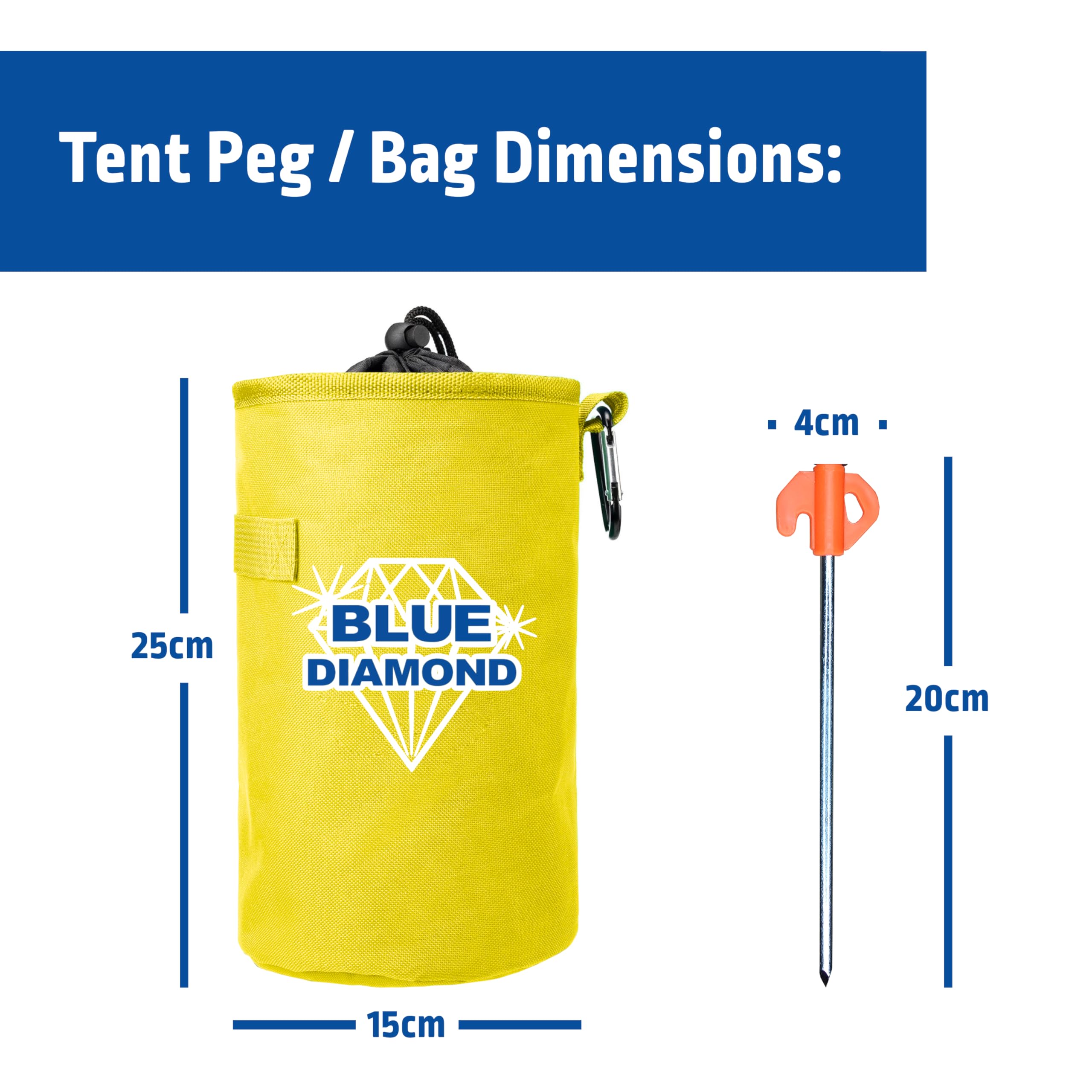 Yellow tent peg bag with Blue Diamond logo and dimensions displayed