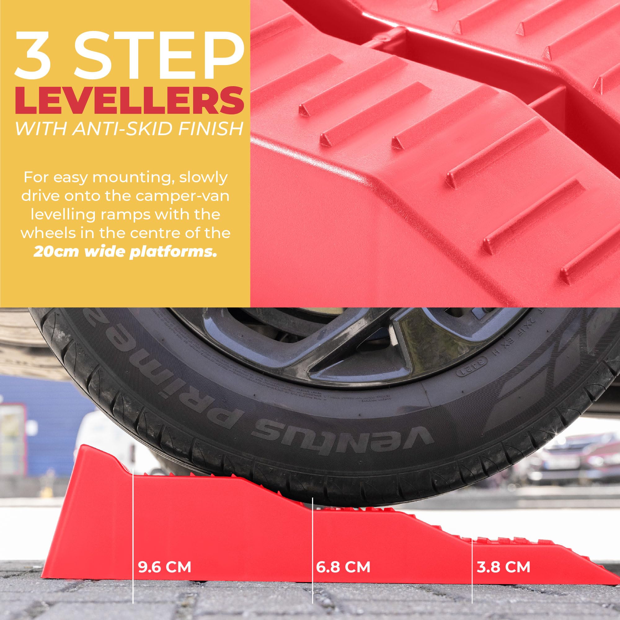 Red leveling ramps with a tire on top, showing measurement details, and text about 3-step levellers.