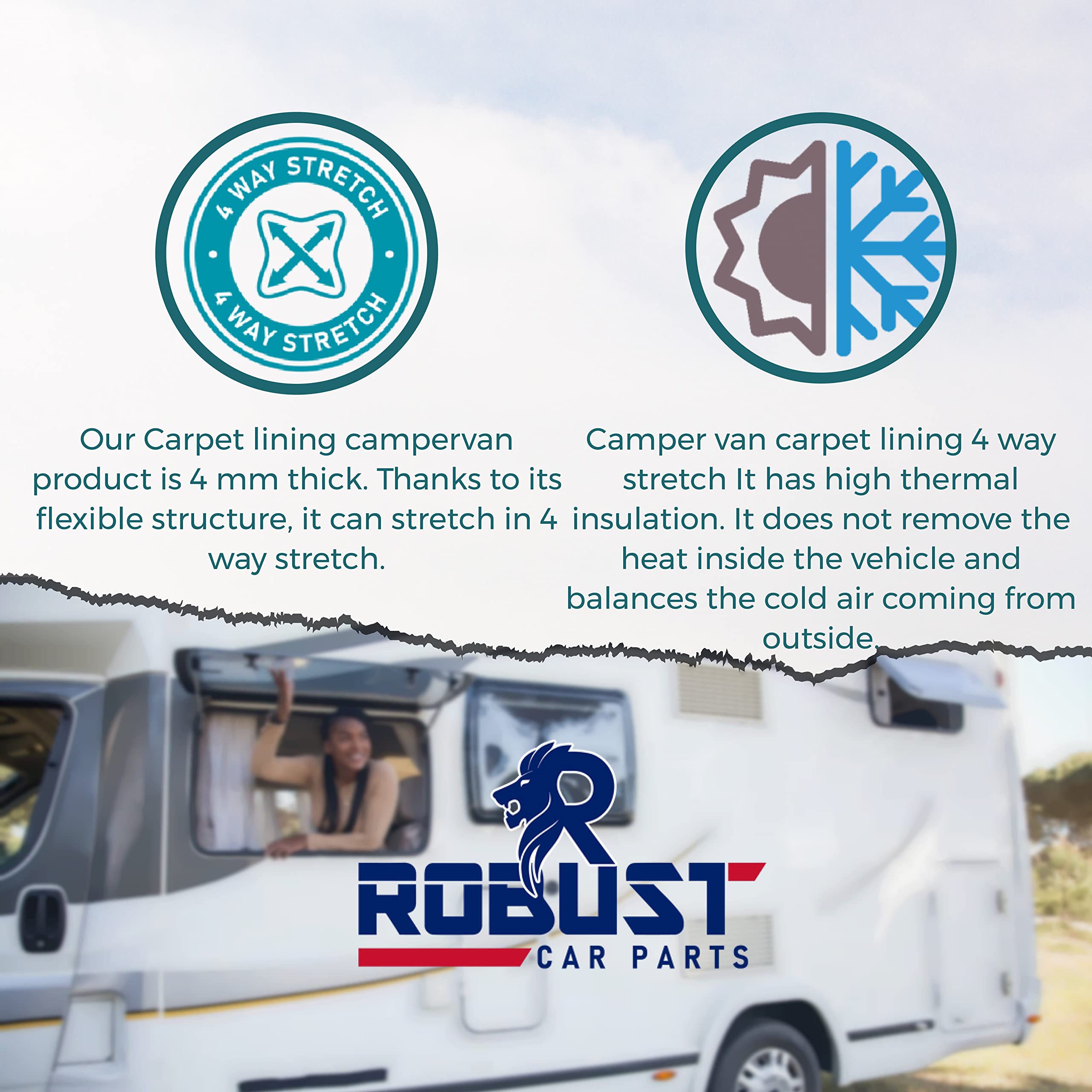 Robust Car Parts advertisement with a campervan and product features.