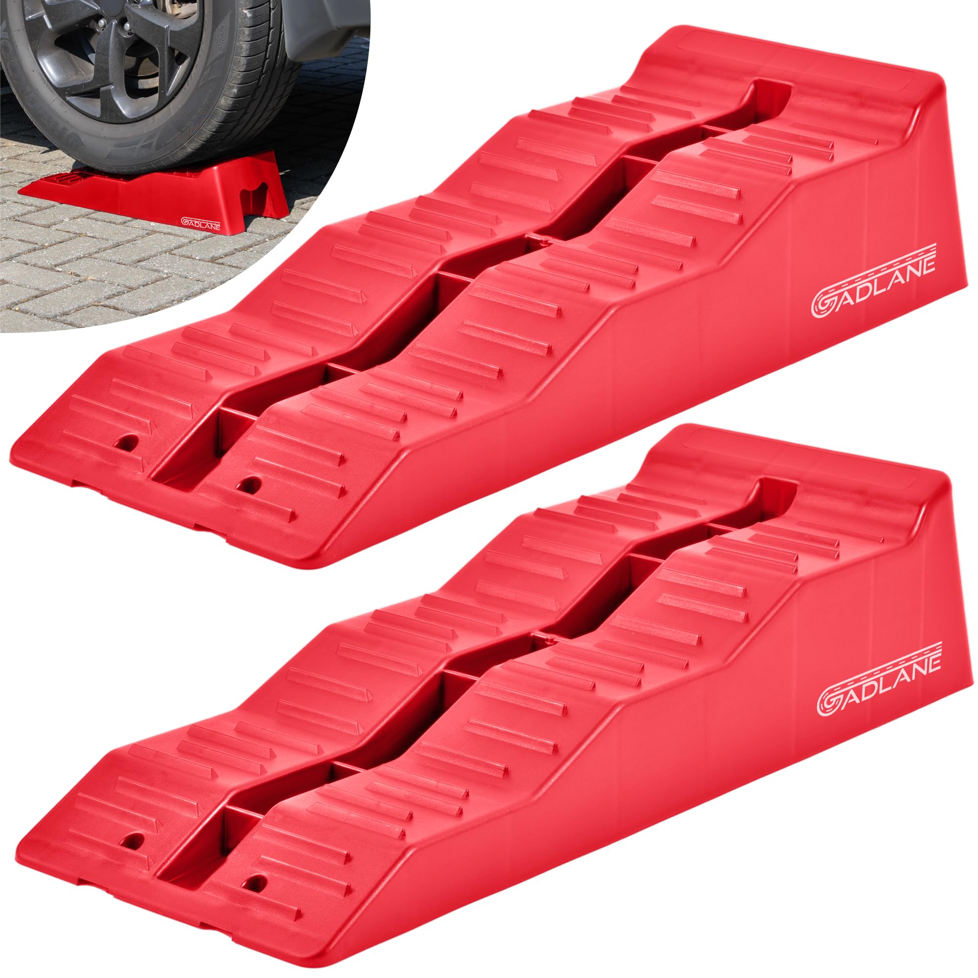 Red car ramps with 'Gadlane' branding on a white background