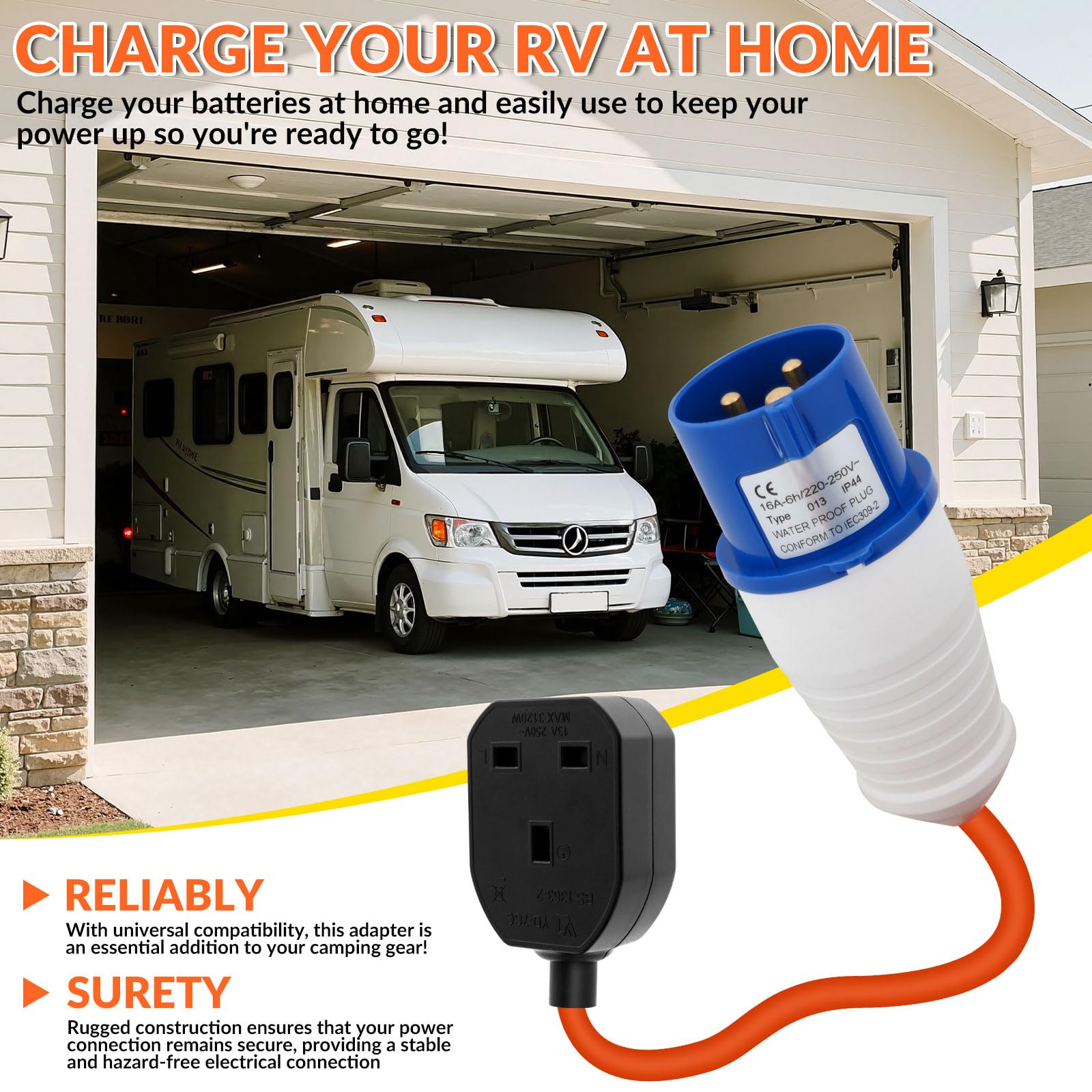 RV charging adapter with text on home charging of RV batteries