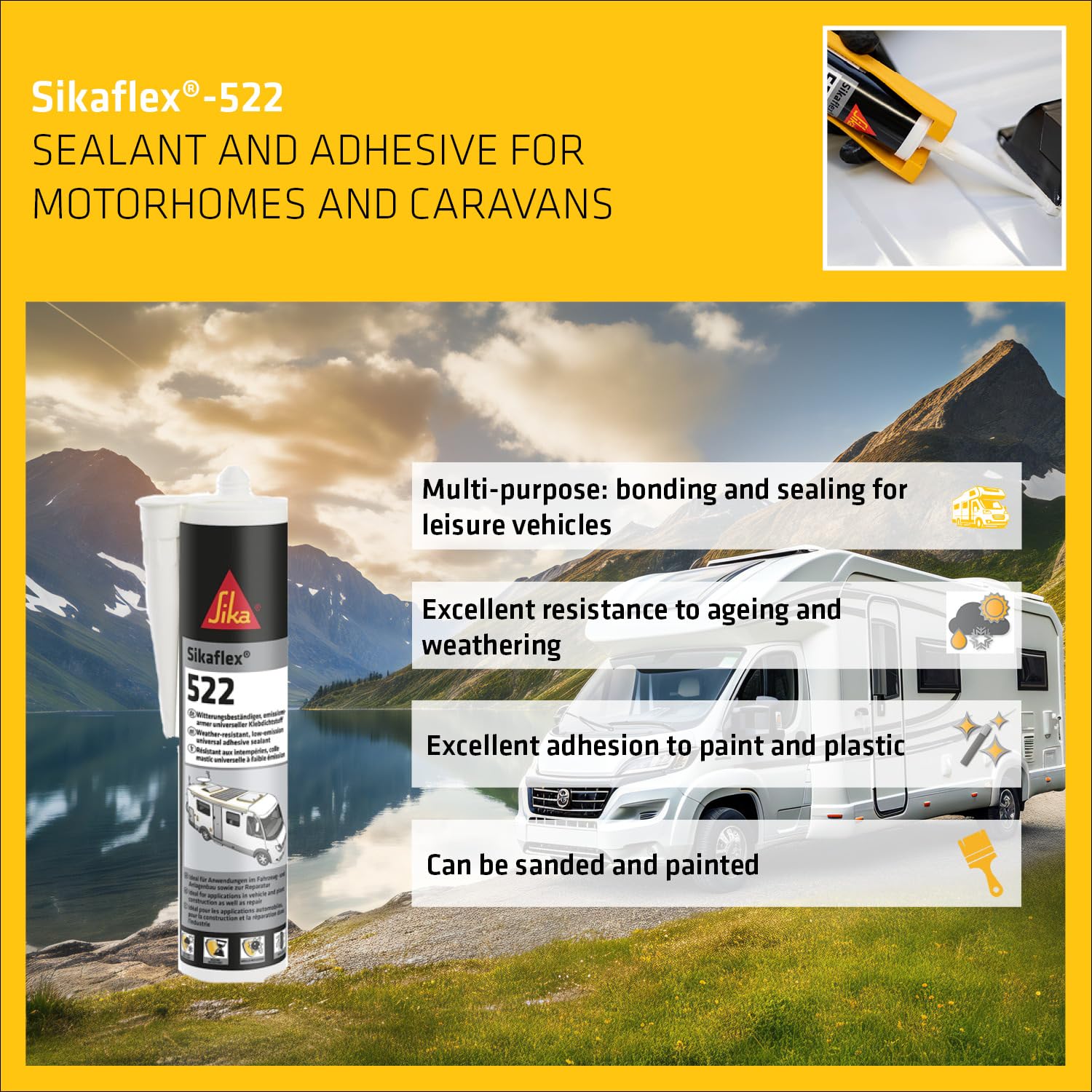 Sikaflex-522 sealant and adhesive for motorhomes and caravans with scenic background
