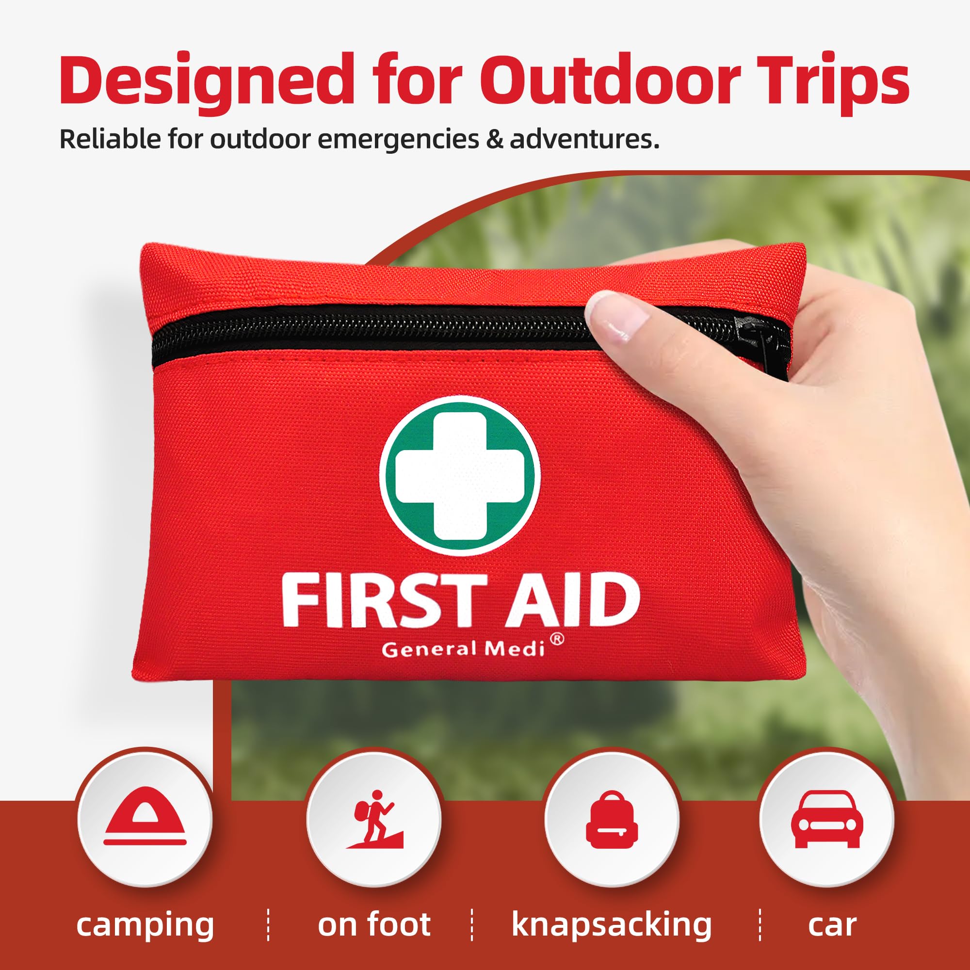 Red first aid kit with 'General Medi' branding, held by a hand against a blurred green background.
