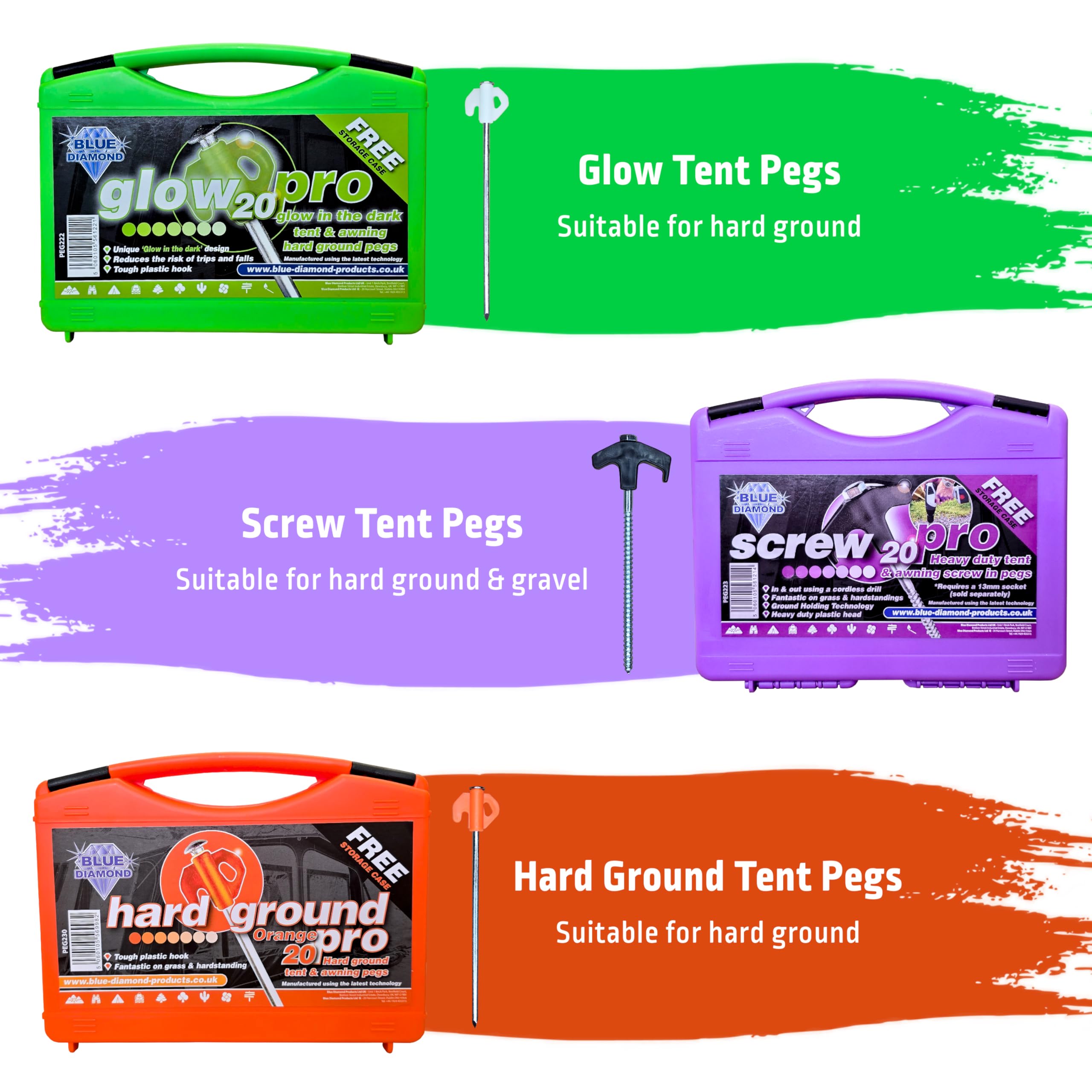Three packaging boxes for tent pegs with different colors and text on a white background.