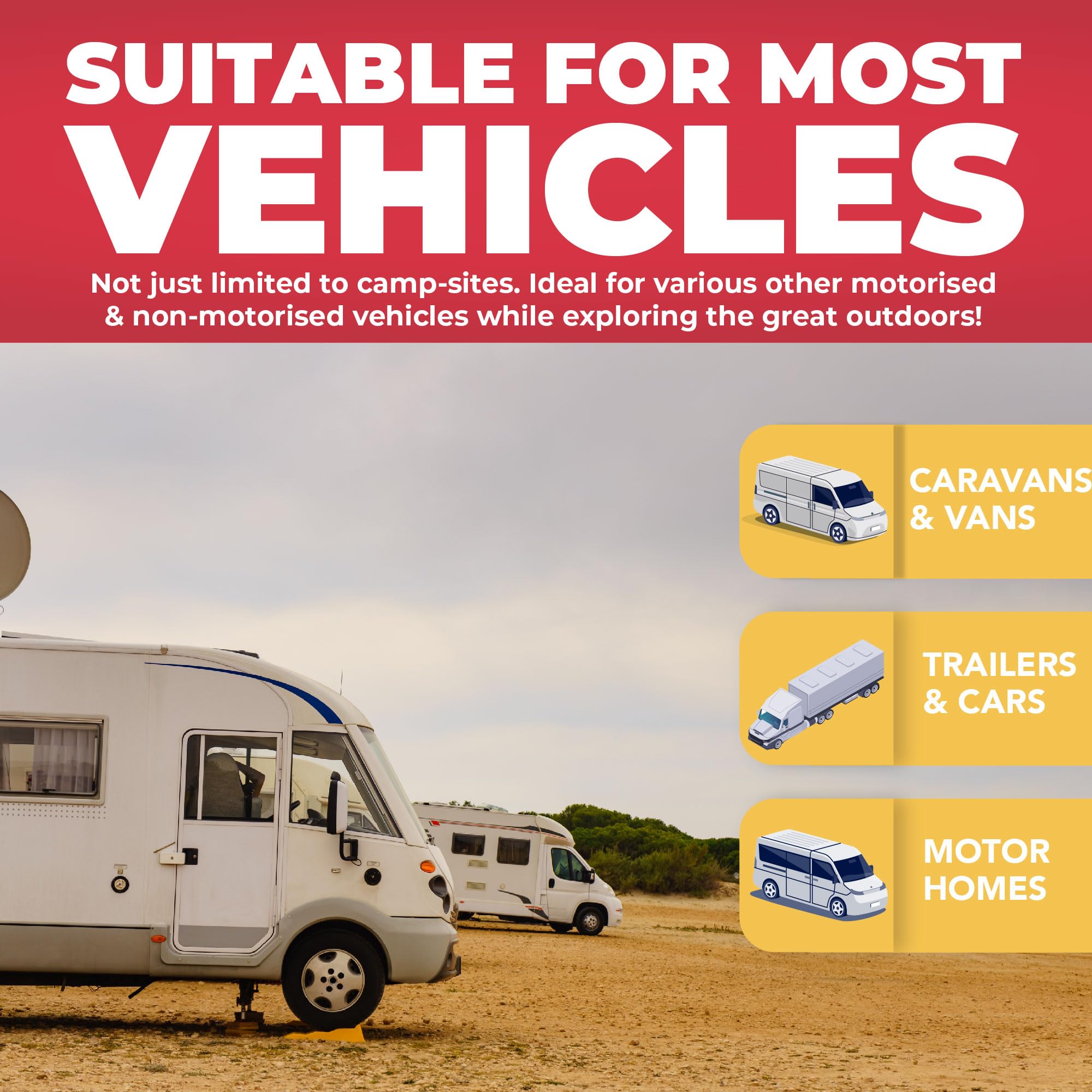 Advertisement for a product suitable for various vehicles with images of caravans, vans, trailers, and motor homes.