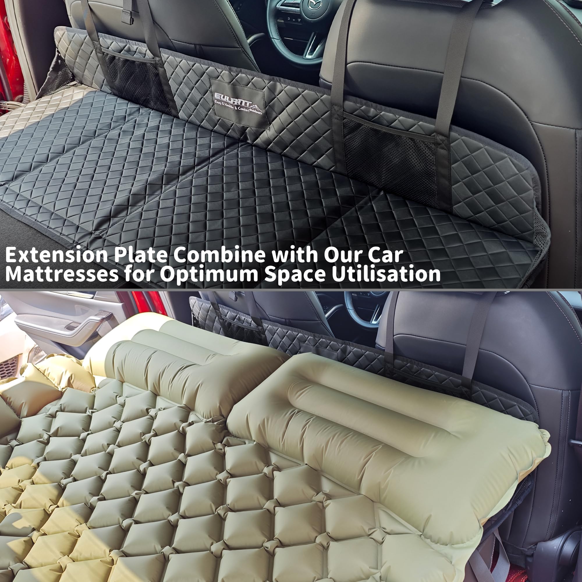 Car mattress extension plate with quilted design in a vehicle.