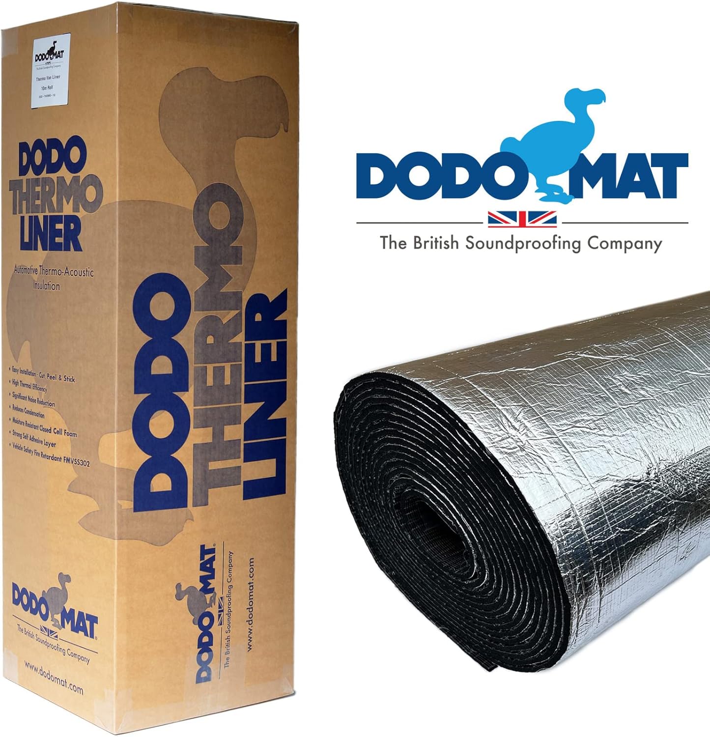 Dodo Thermo Liner packaging and roll of soundproofing material with Dodo Mat branding.