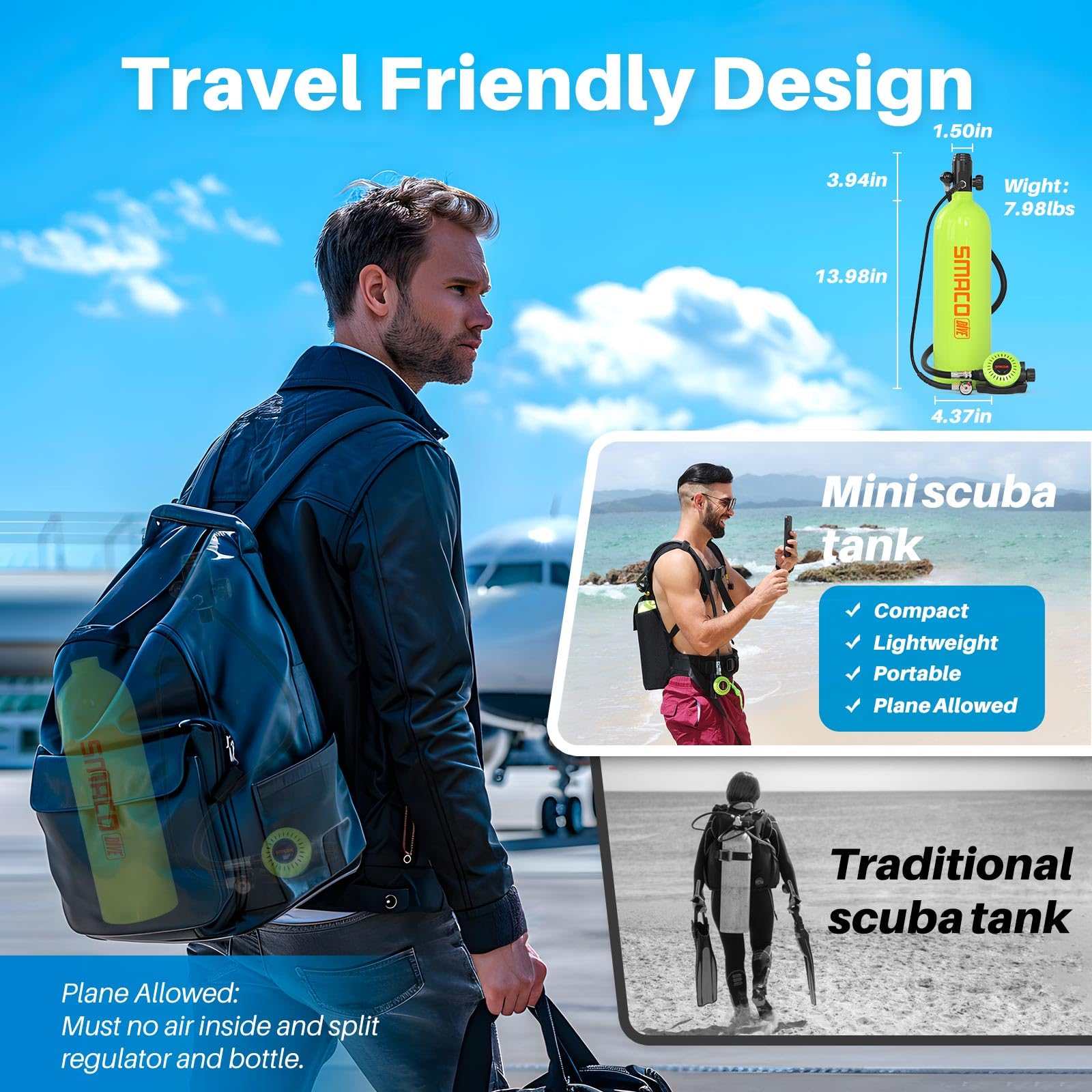 Man with a backpack at an airport with text about travel-friendly mini scuba tank design.