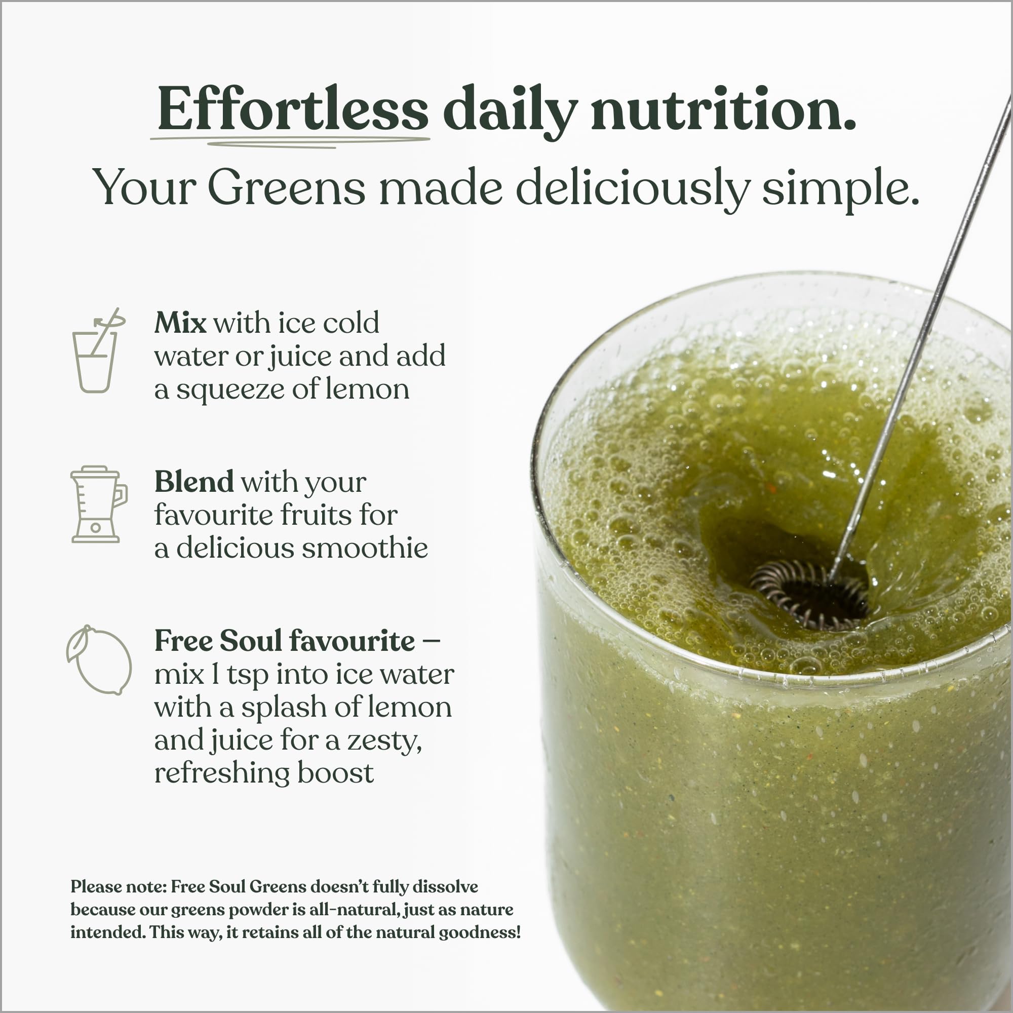 Green smoothie in a glass with a straw, surrounded by text about effortless daily nutrition.