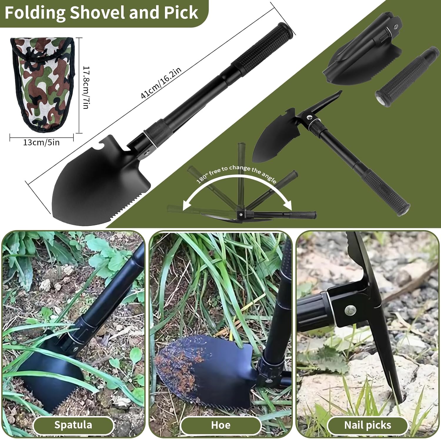 Folding shovel and pick tool with multiple uses on a green background