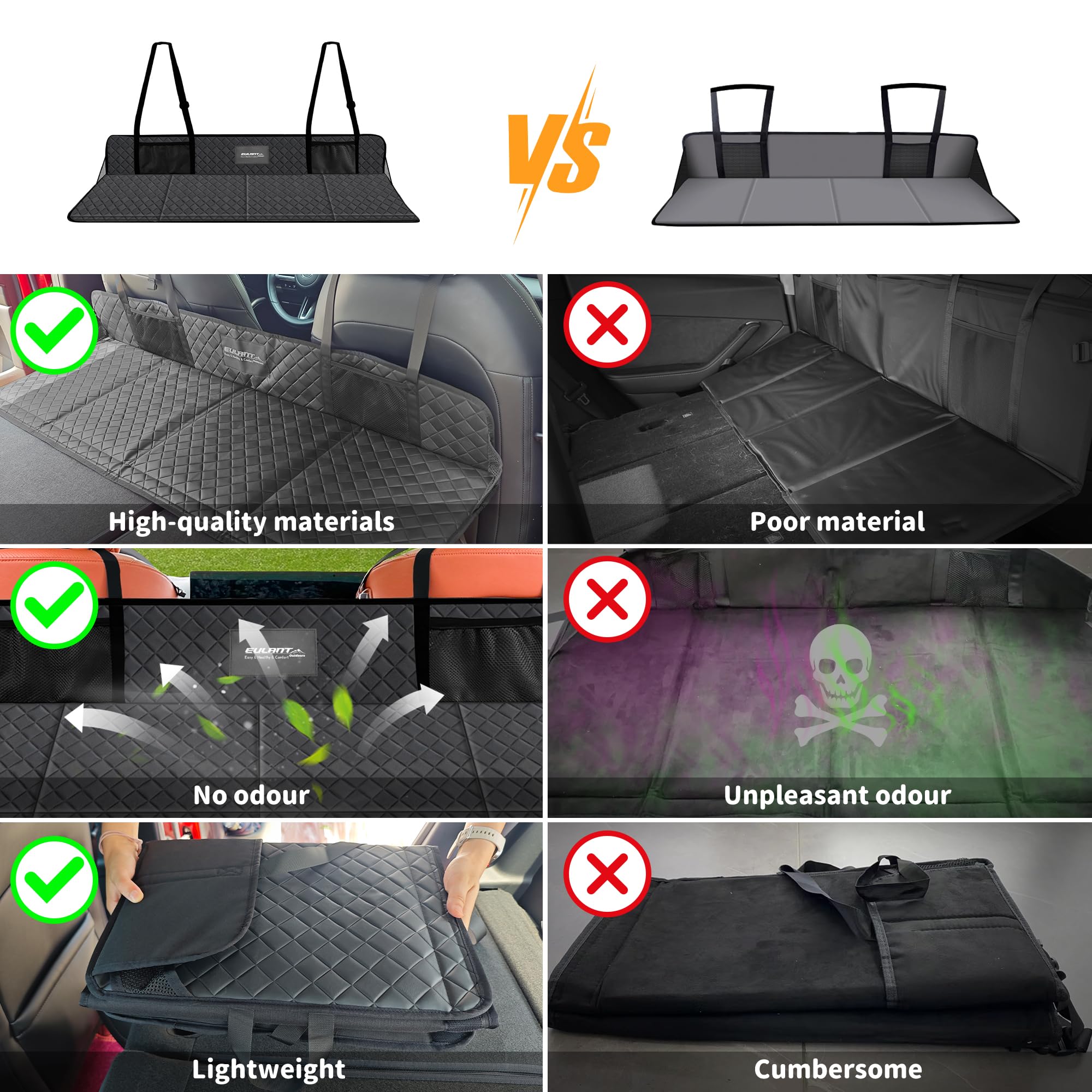 Comparison chart of a car seat cover with high-quality materials, no odour, and lightweight features versus poor material, unpleasant odour, and cumbersome features.