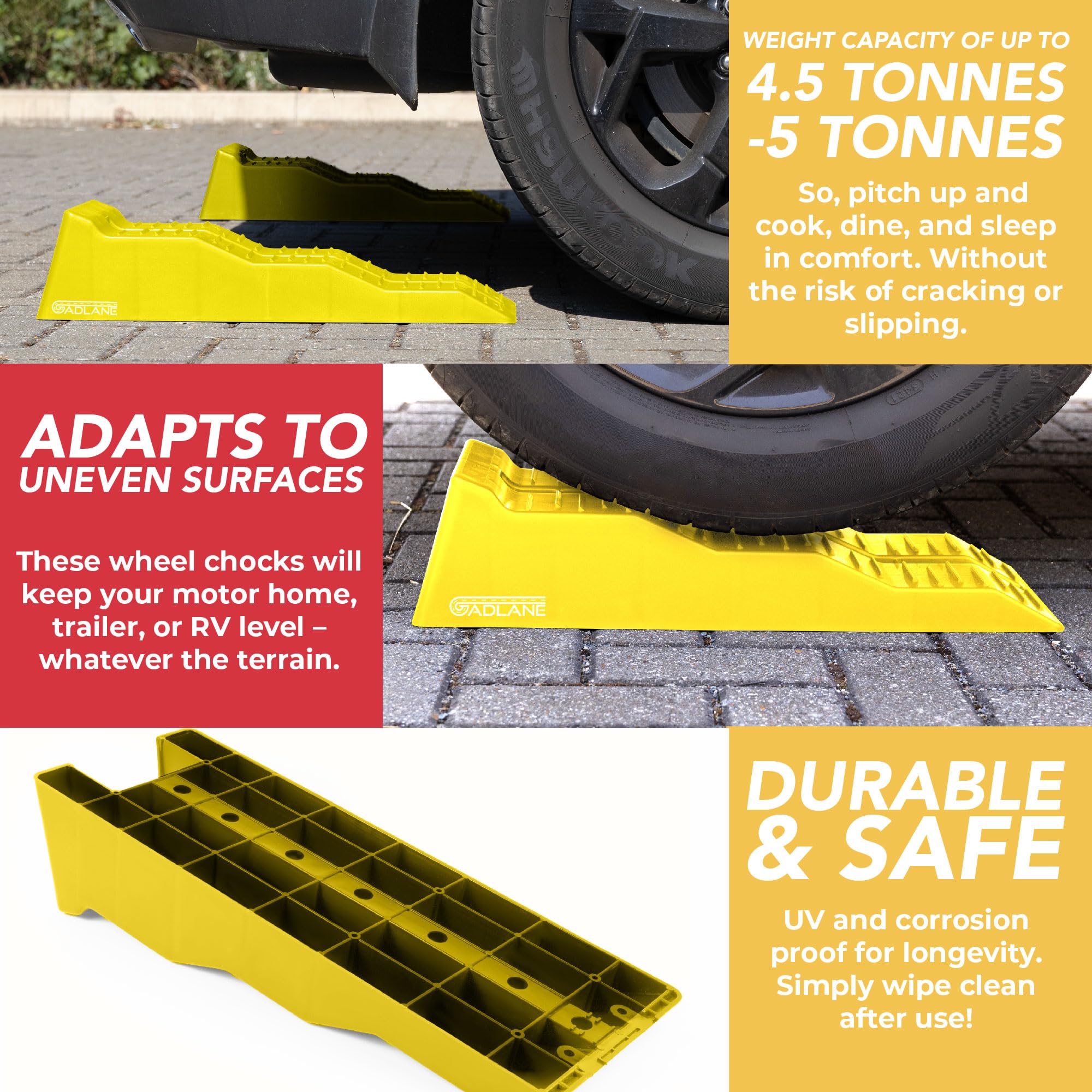 Yellow wheel chocks with text highlighting their features on a textured surface.