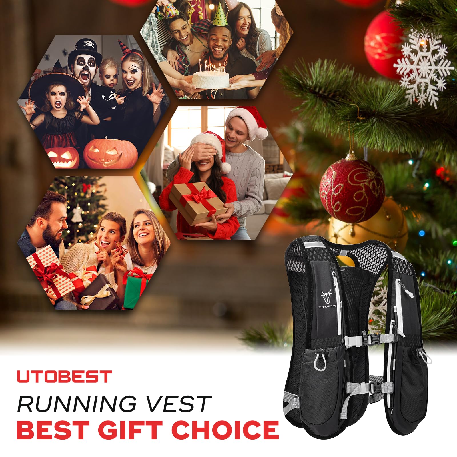 Black running vest with Christmas tree and family photos in the background