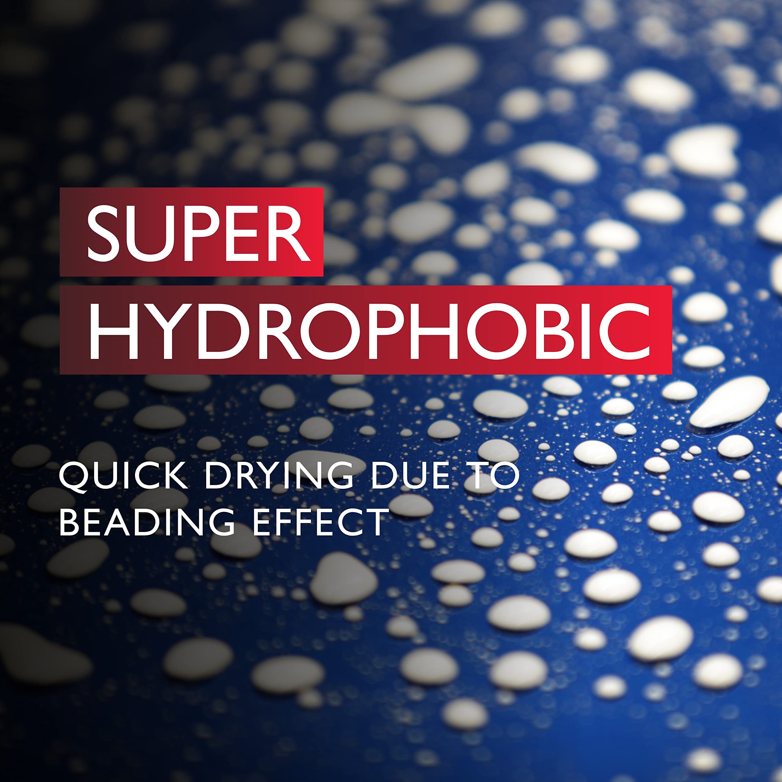 Super hydrophobic surface with water droplets and text on a dark background