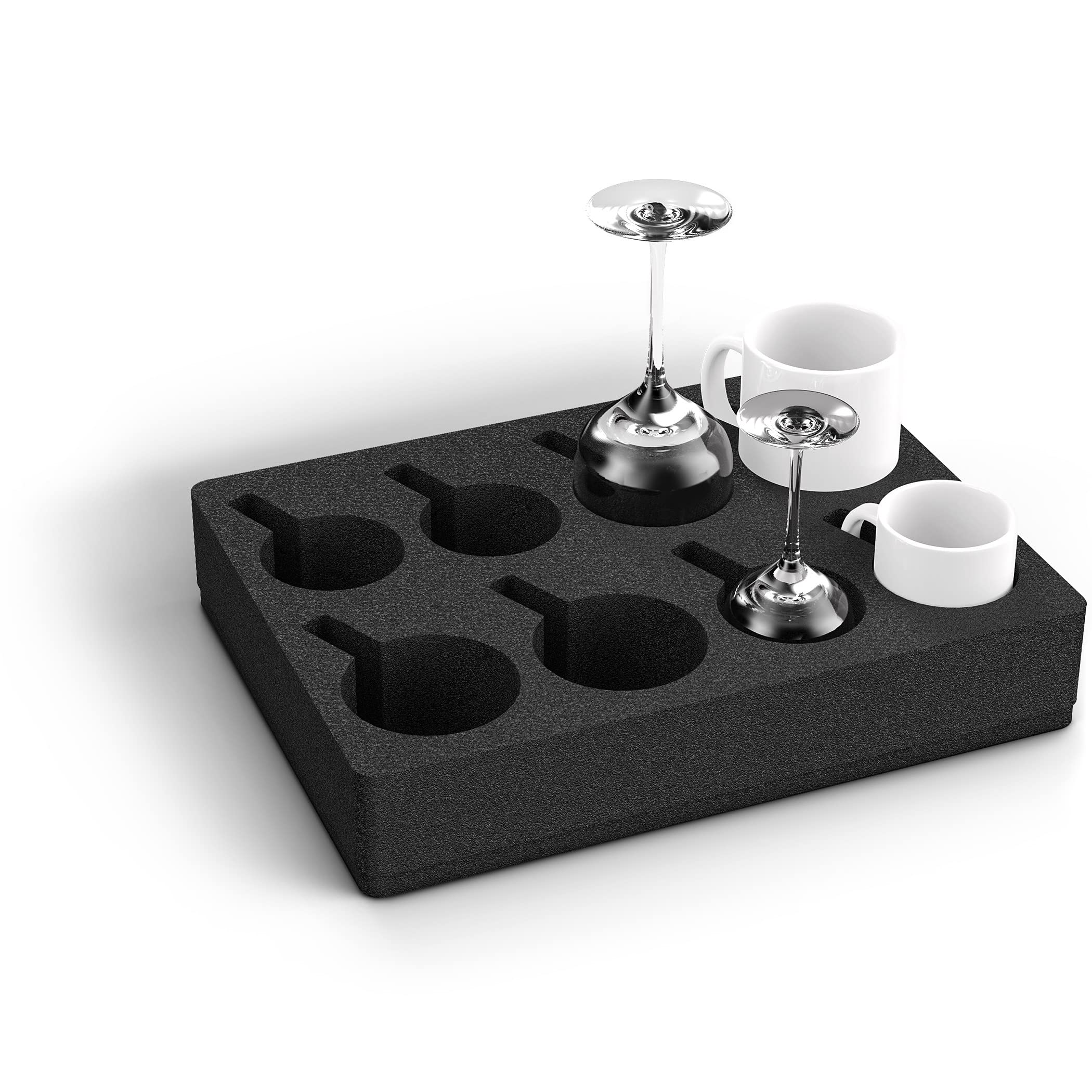 Black foam block with cutouts for holding cups and glasses on a white background