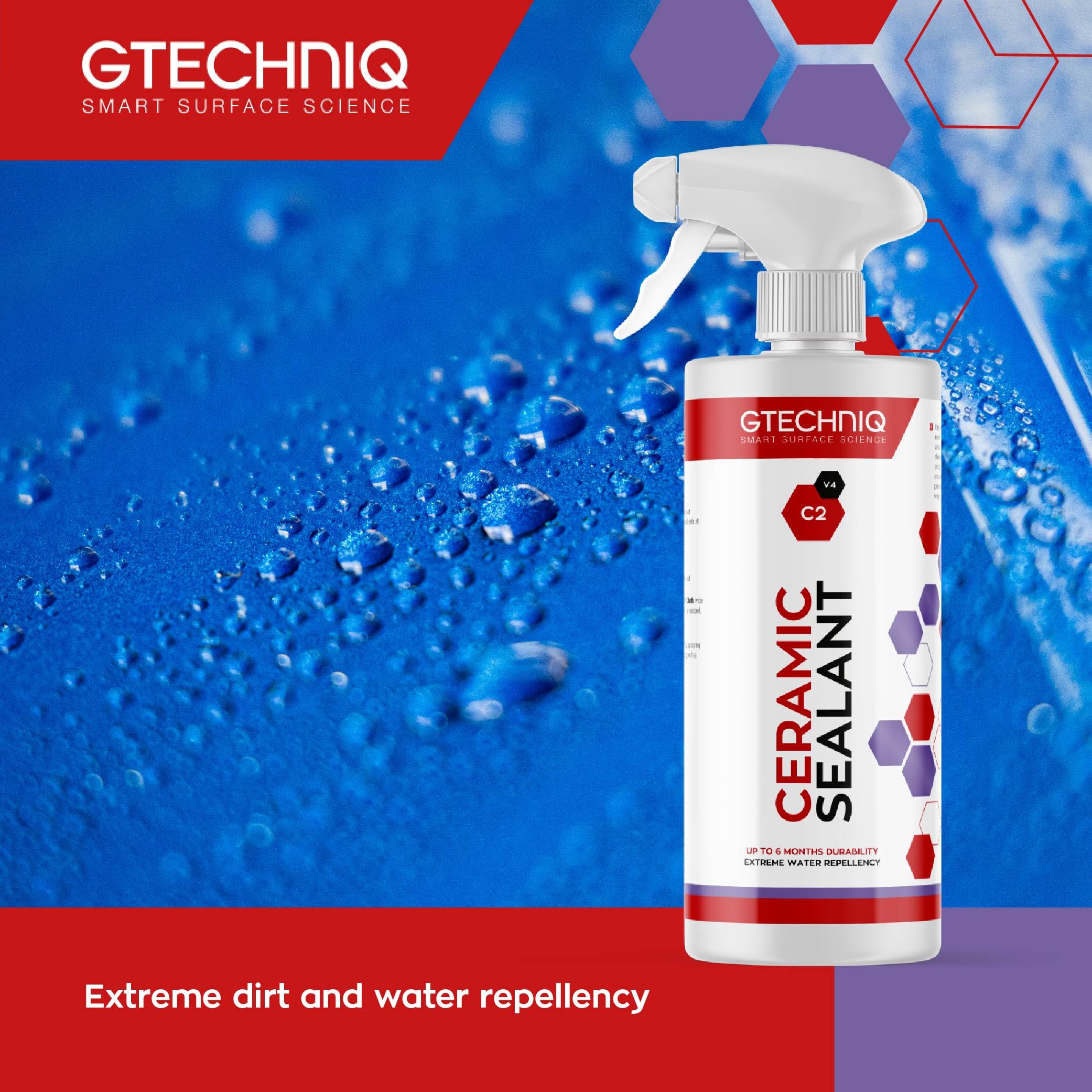 Gtechniq Ceramic Sealant bottle with water droplets on a blue background