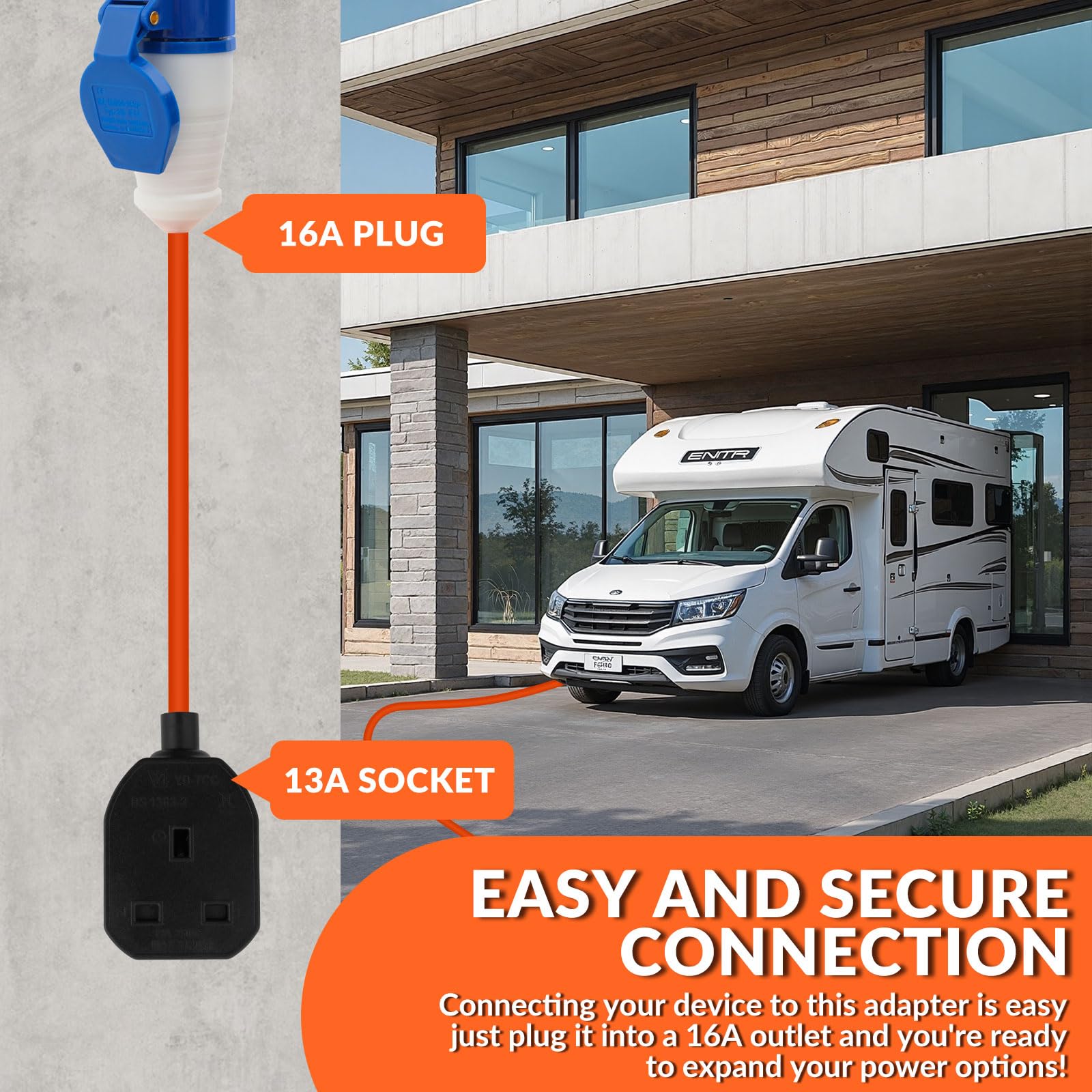 Adapter with 16A plug and 13A socket in front of a modern building with a white van.