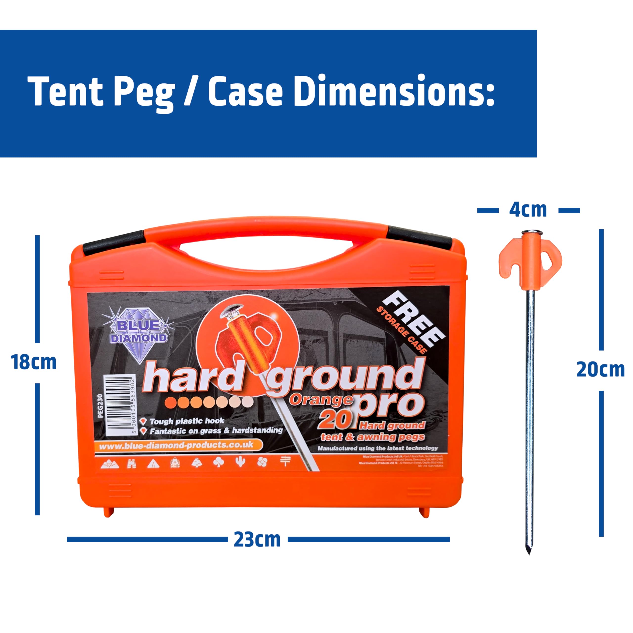 Orange carrying case with tent peg dimensions labeled on a white background