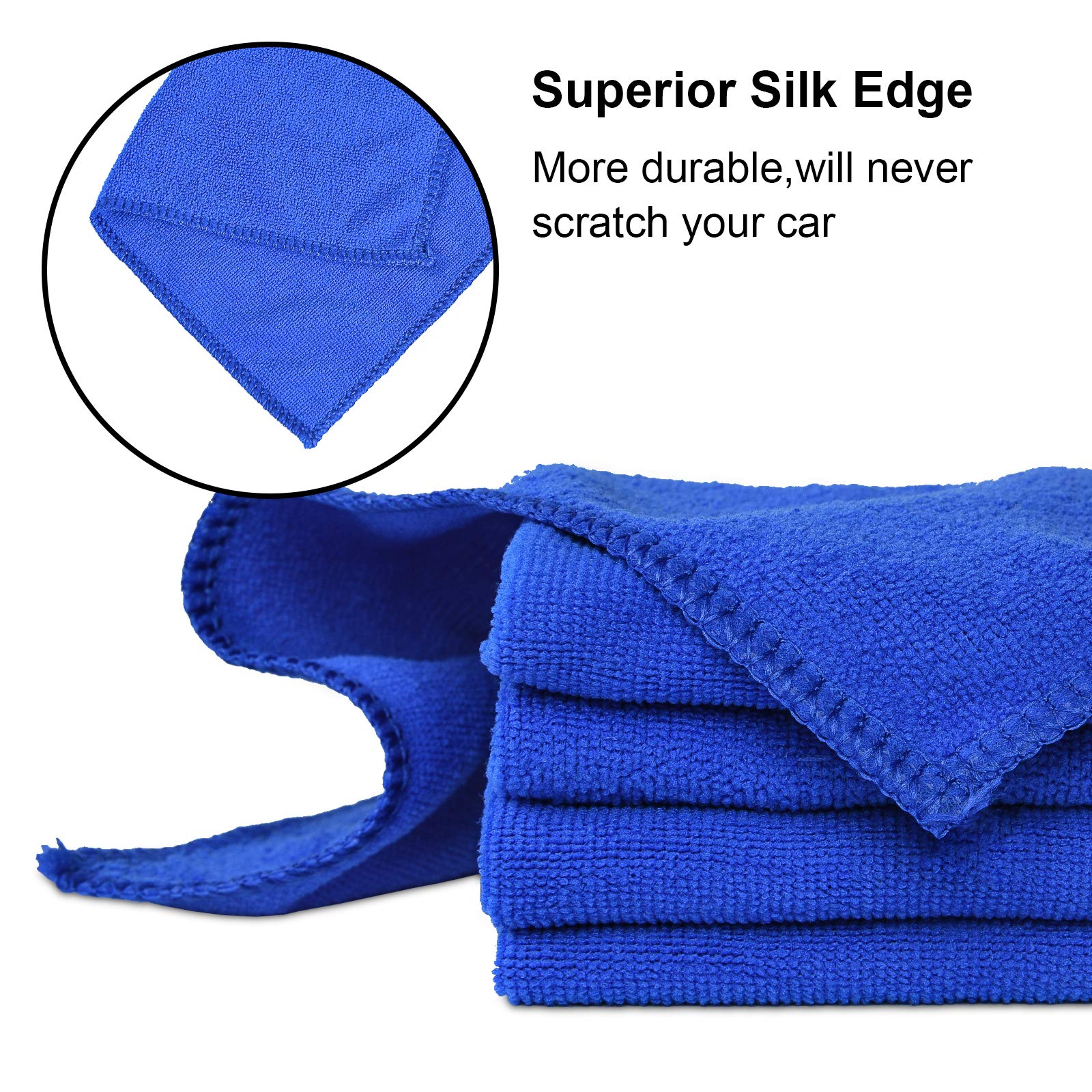 Stack of blue microfiber towels with close-up of edge and text about durability.