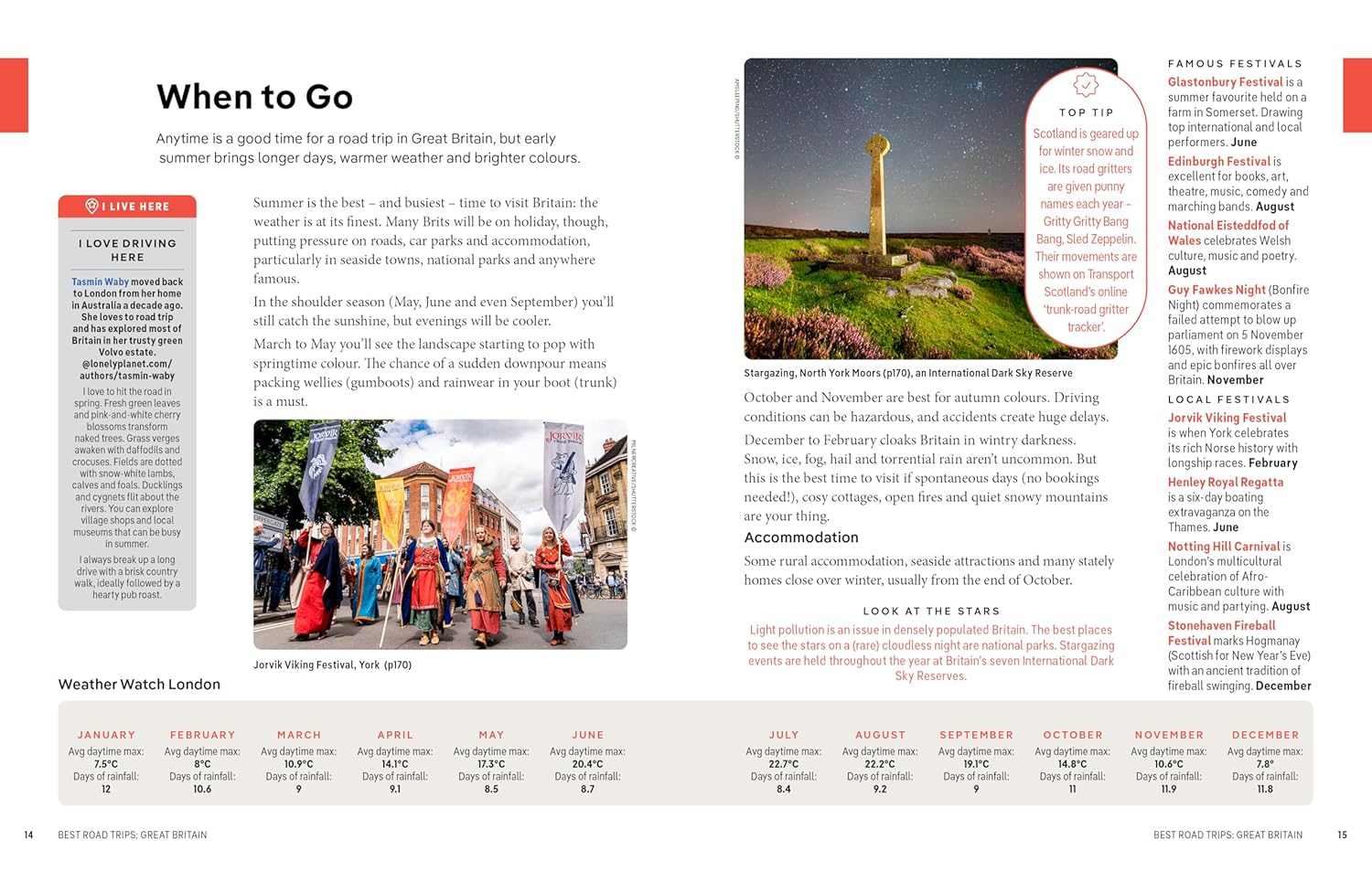 Page from a travel guidebook with images of people, a lighthouse, and text about London weather.