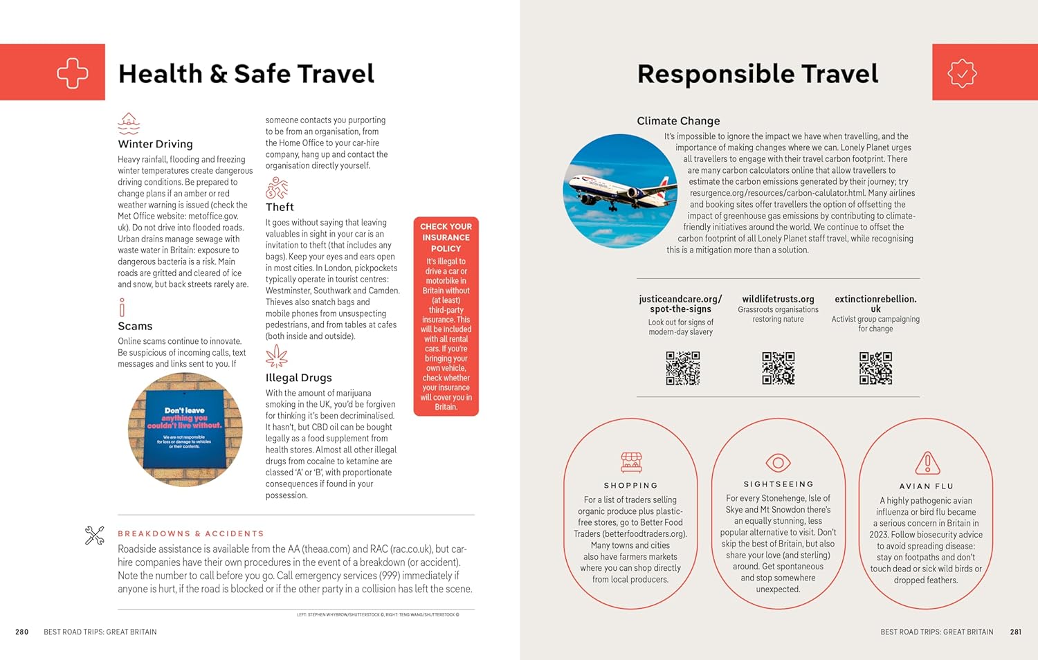 Brochure page on health and safe travel with text and icons.
