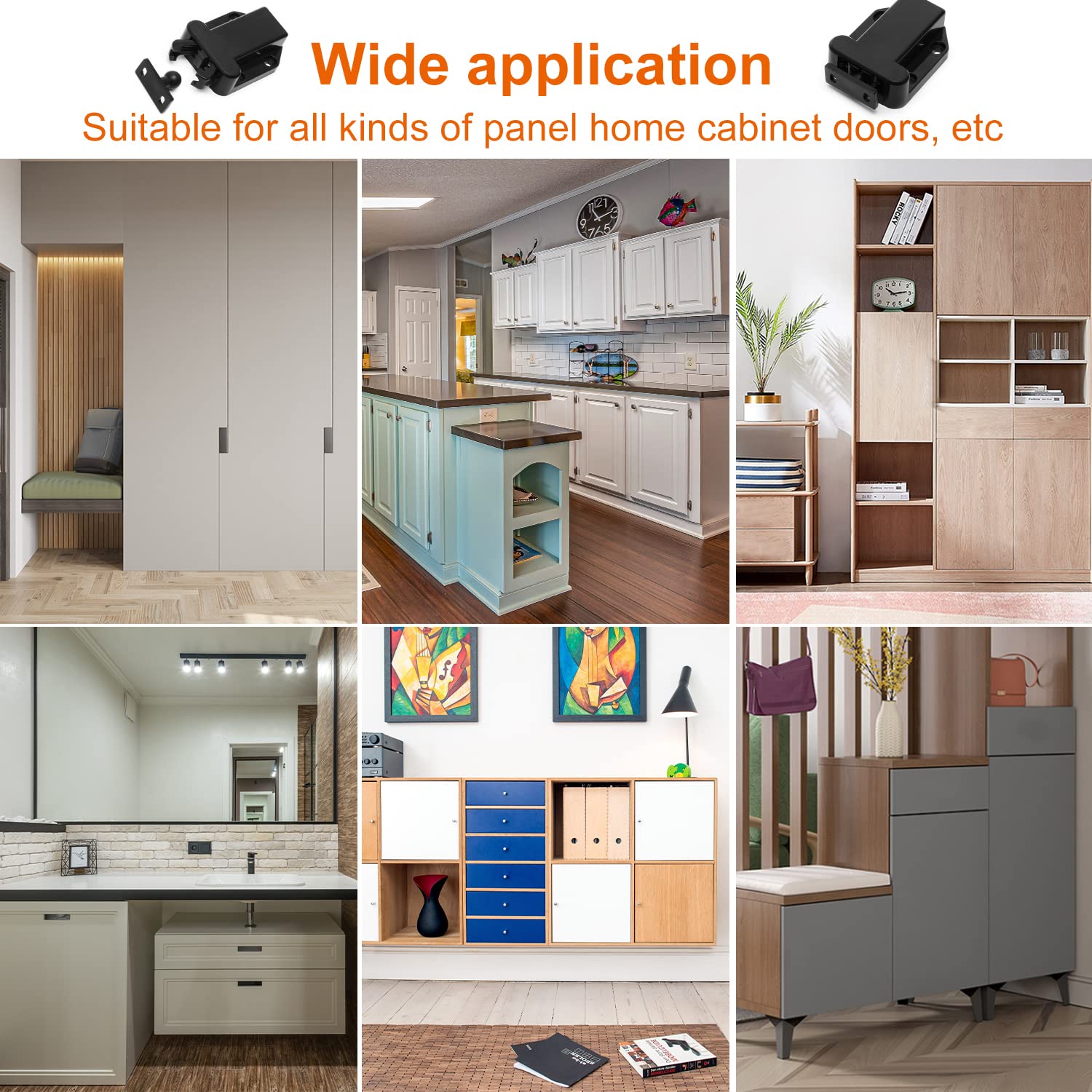 Collage of various home interior settings with panel home cabinet doors, emphasizing wide application.