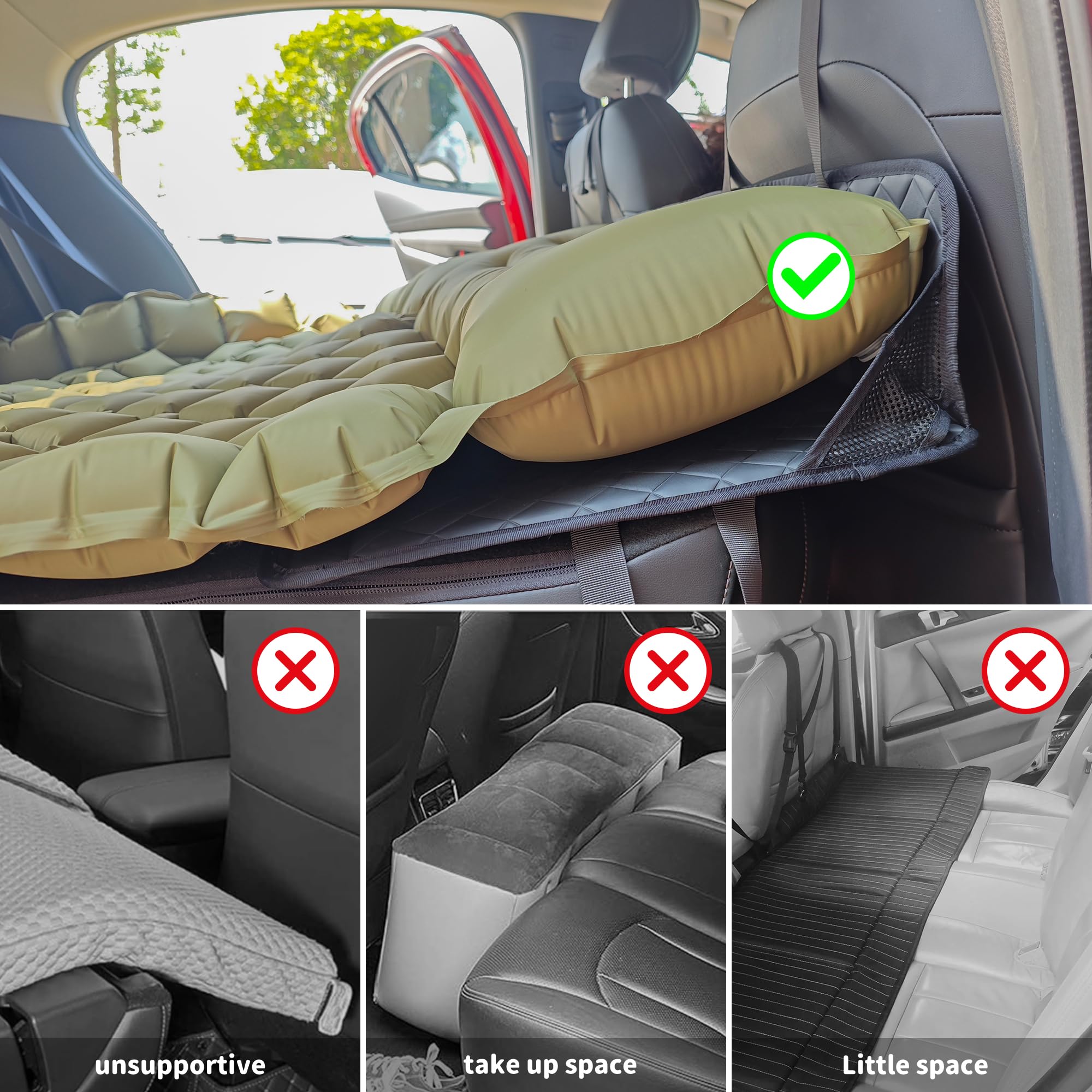 Car mattress extension plate with quilted design in a vehicle.