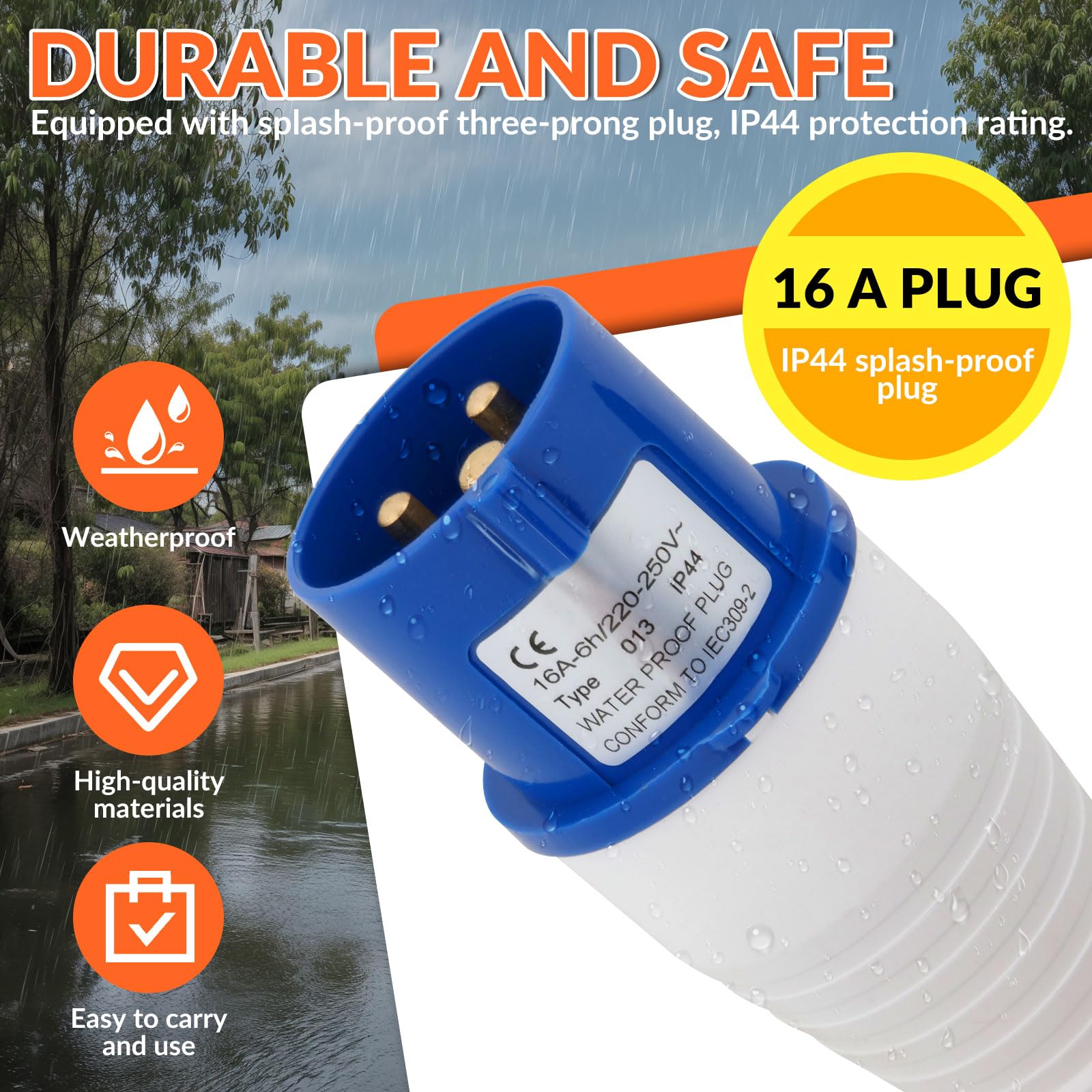 Splash-proof three-prong plug with IP44 protection rating, outdoor setting.