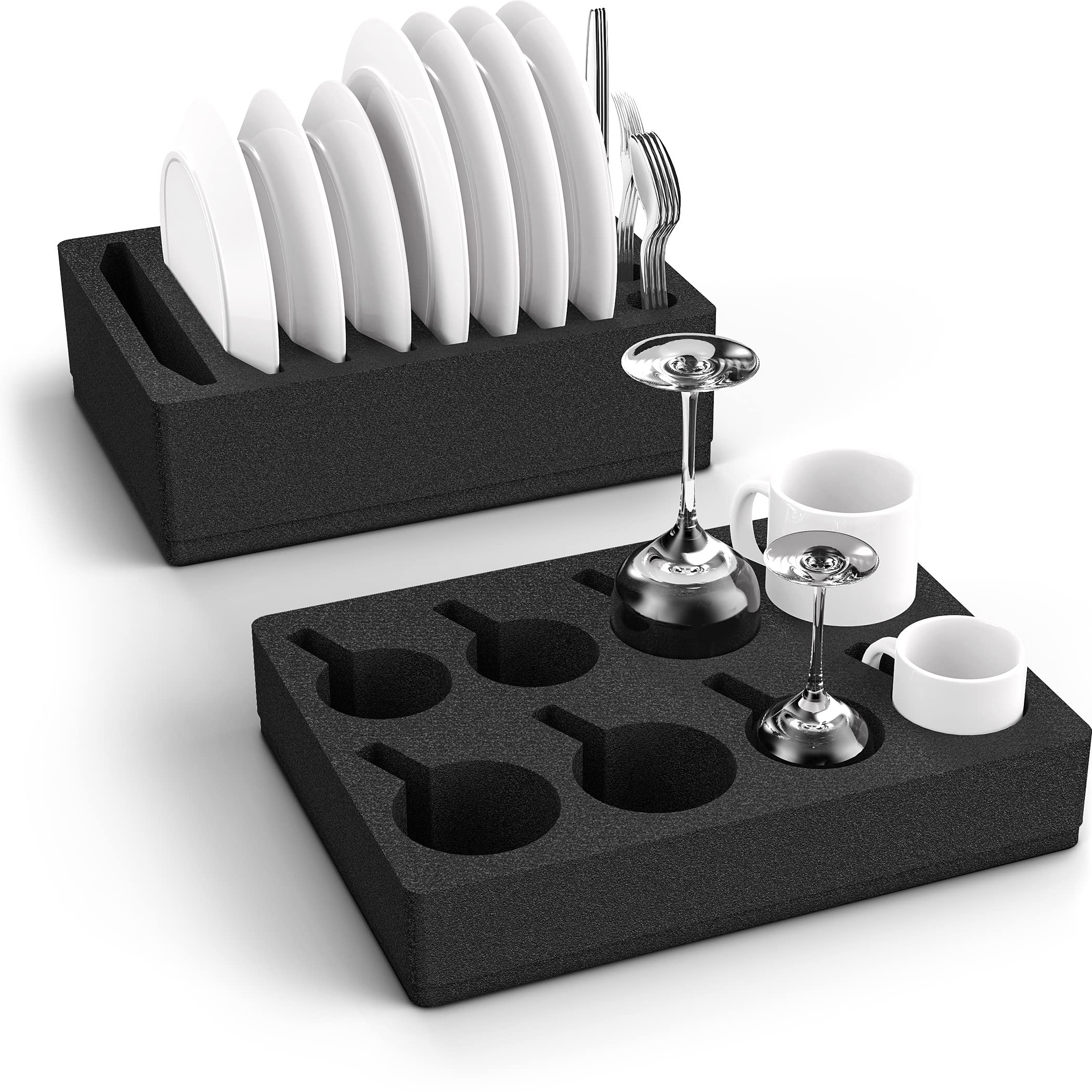 Black foam tray with cutlery holder, plates, cups, and glasses on a white background