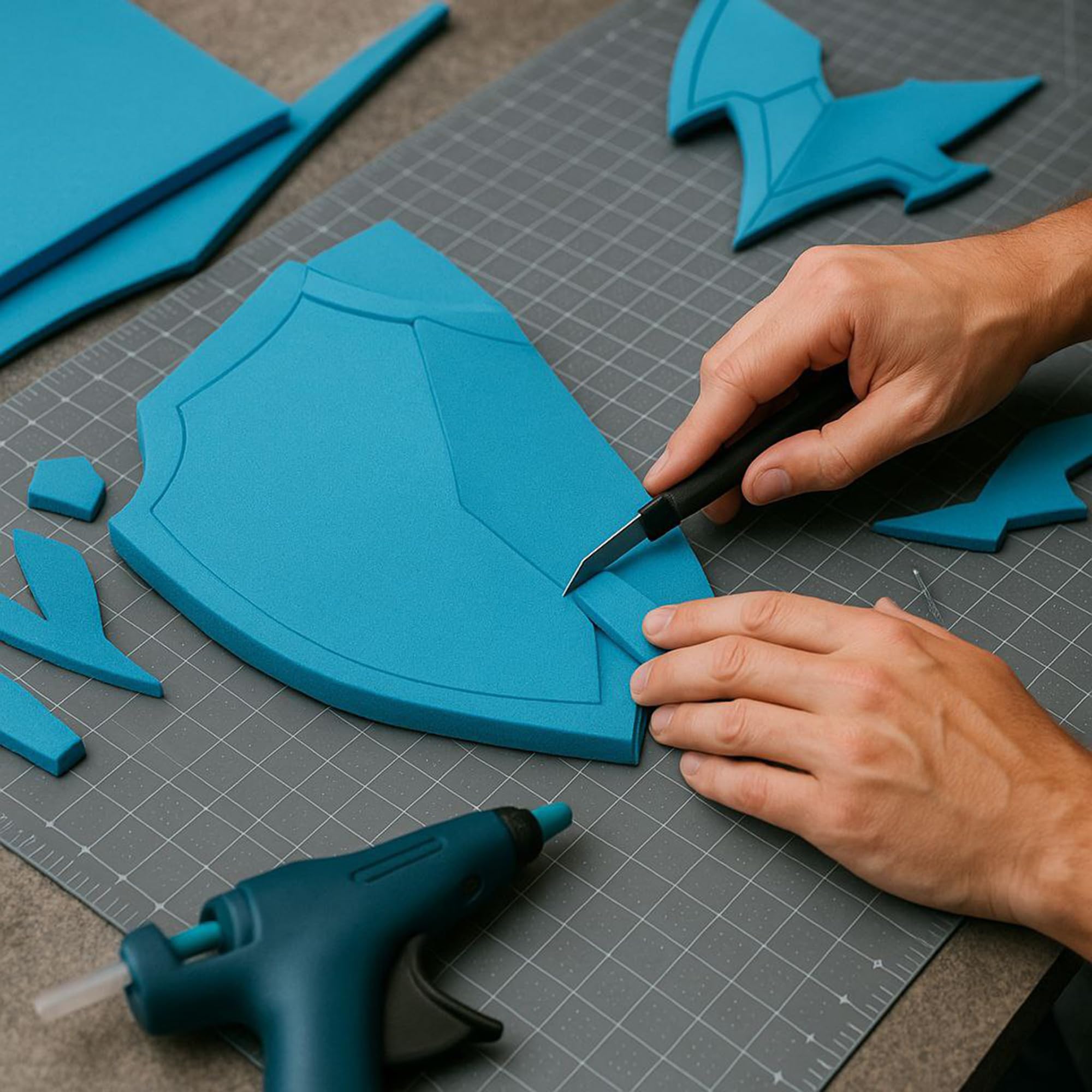 Person cutting blue foam shapes on a gray cutting mat with a hot glue gun nearby.