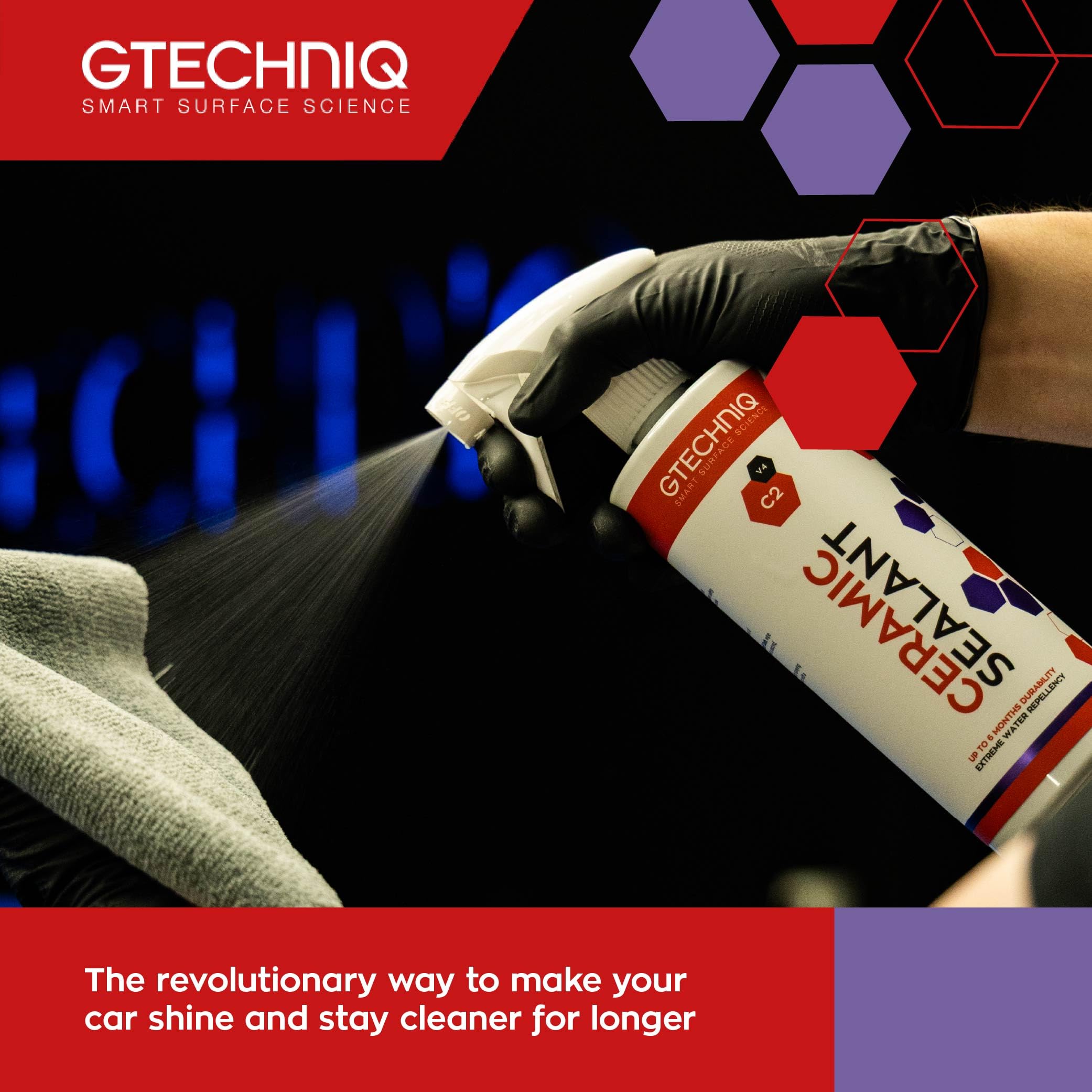 Gtechniq ceramic sealant spray bottle being used on a car surface with brand logo and text.