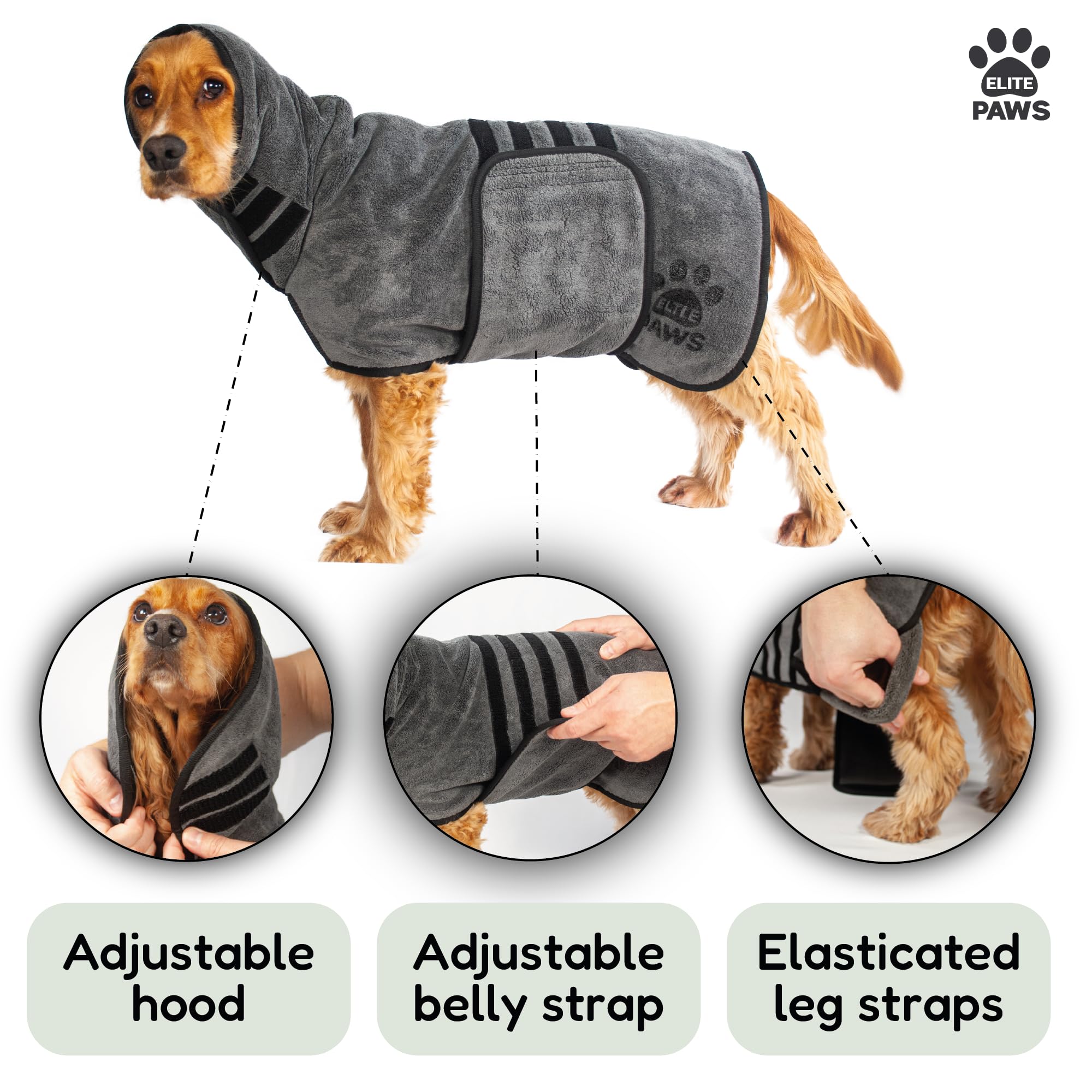 Dog wearing a grey drying coat with features highlighted on a white background