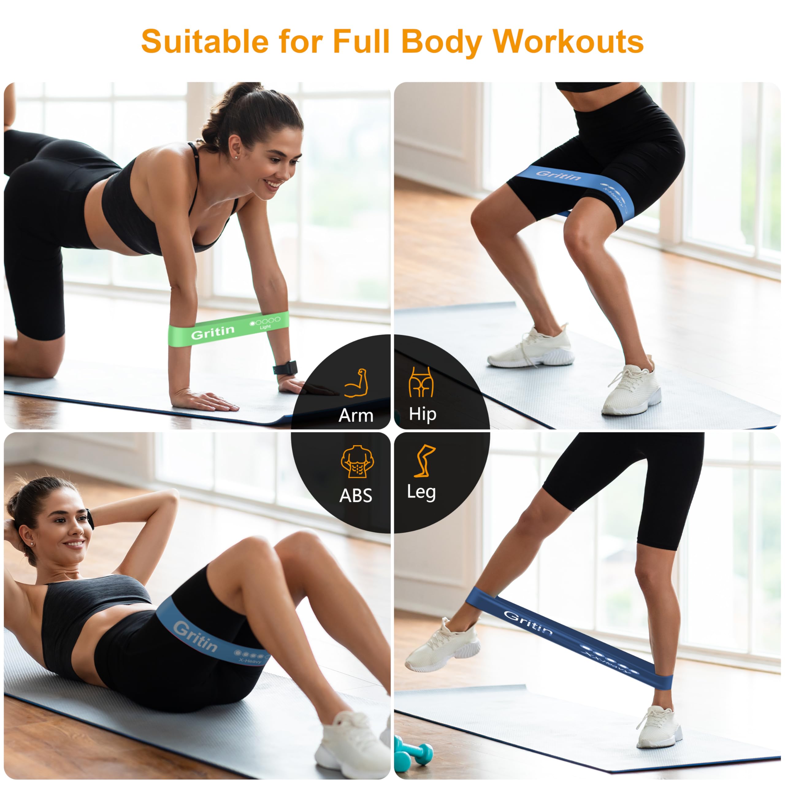 Woman performing various exercises with resistance bands in a home setting.