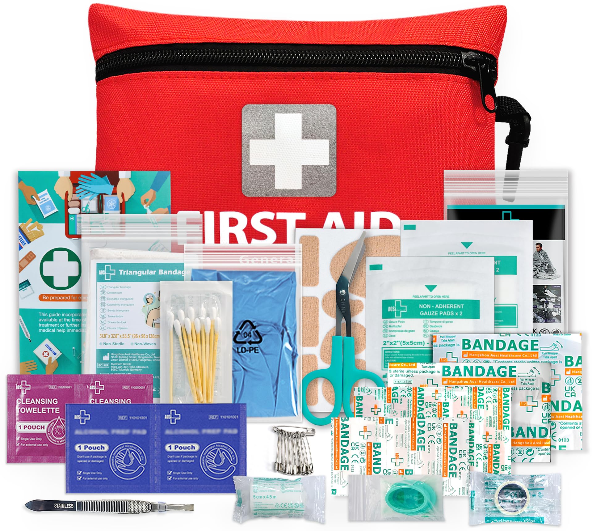 First aid kit with various supplies on a white background