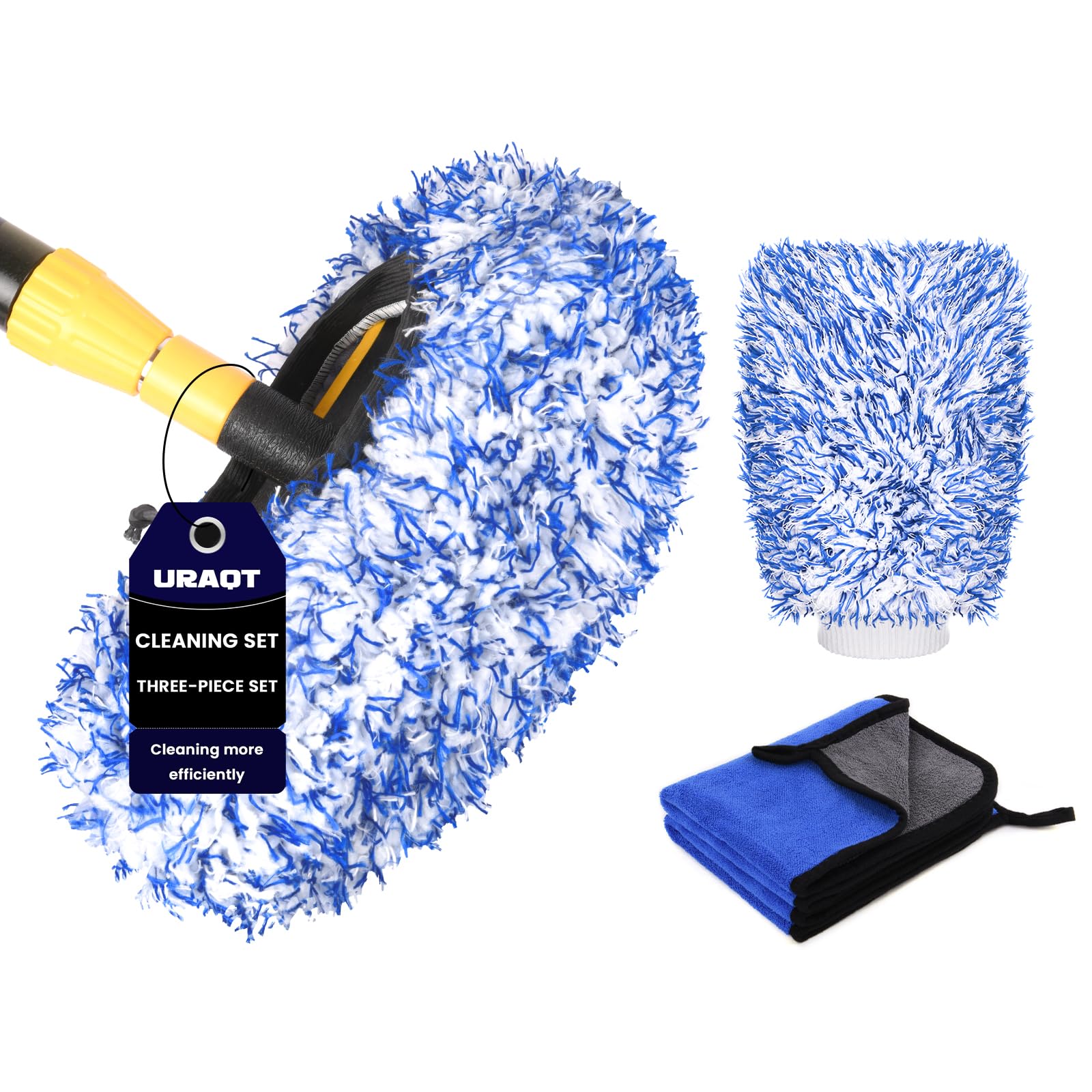 Three-piece cleaning set with a duster, scrubber, and microfiber cloth on a white background.