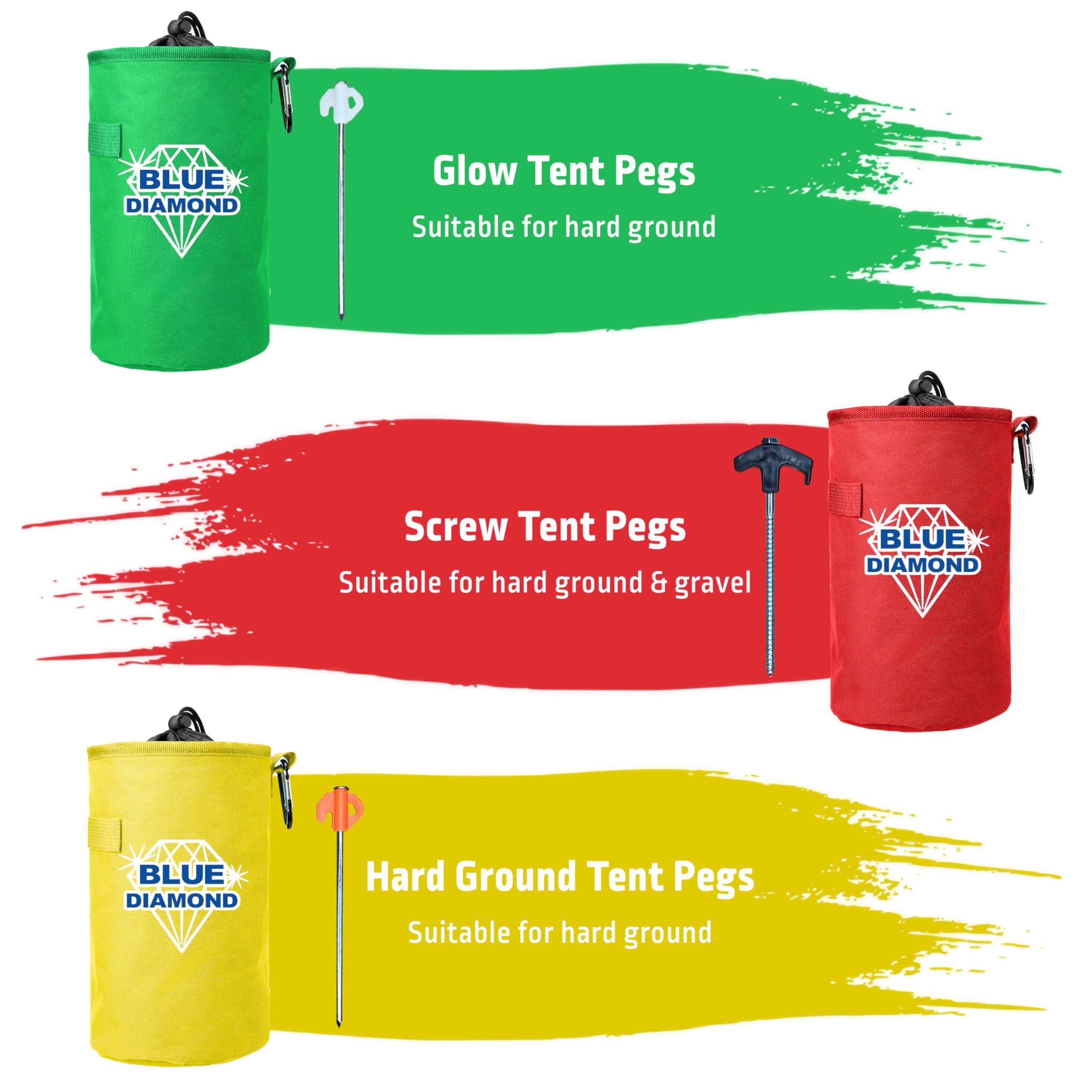 Three Blue Diamond tent pegs with color-coded labels on a white background