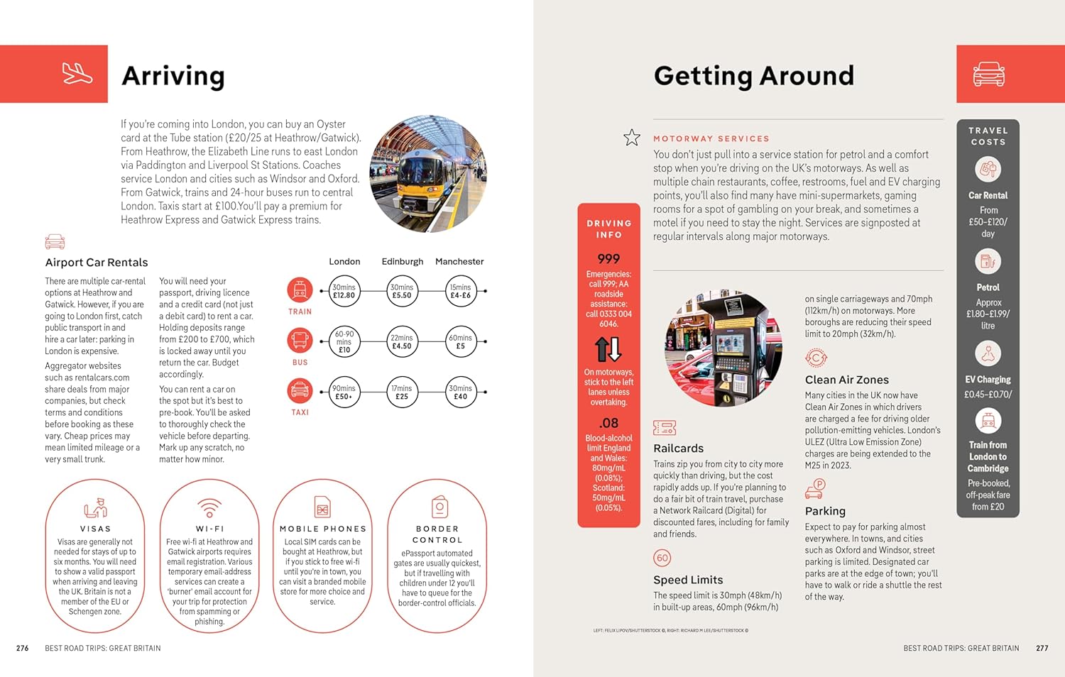 Page from a travel guidebook showing 'Arriving' and 'Getting Around' sections with icons and text.
