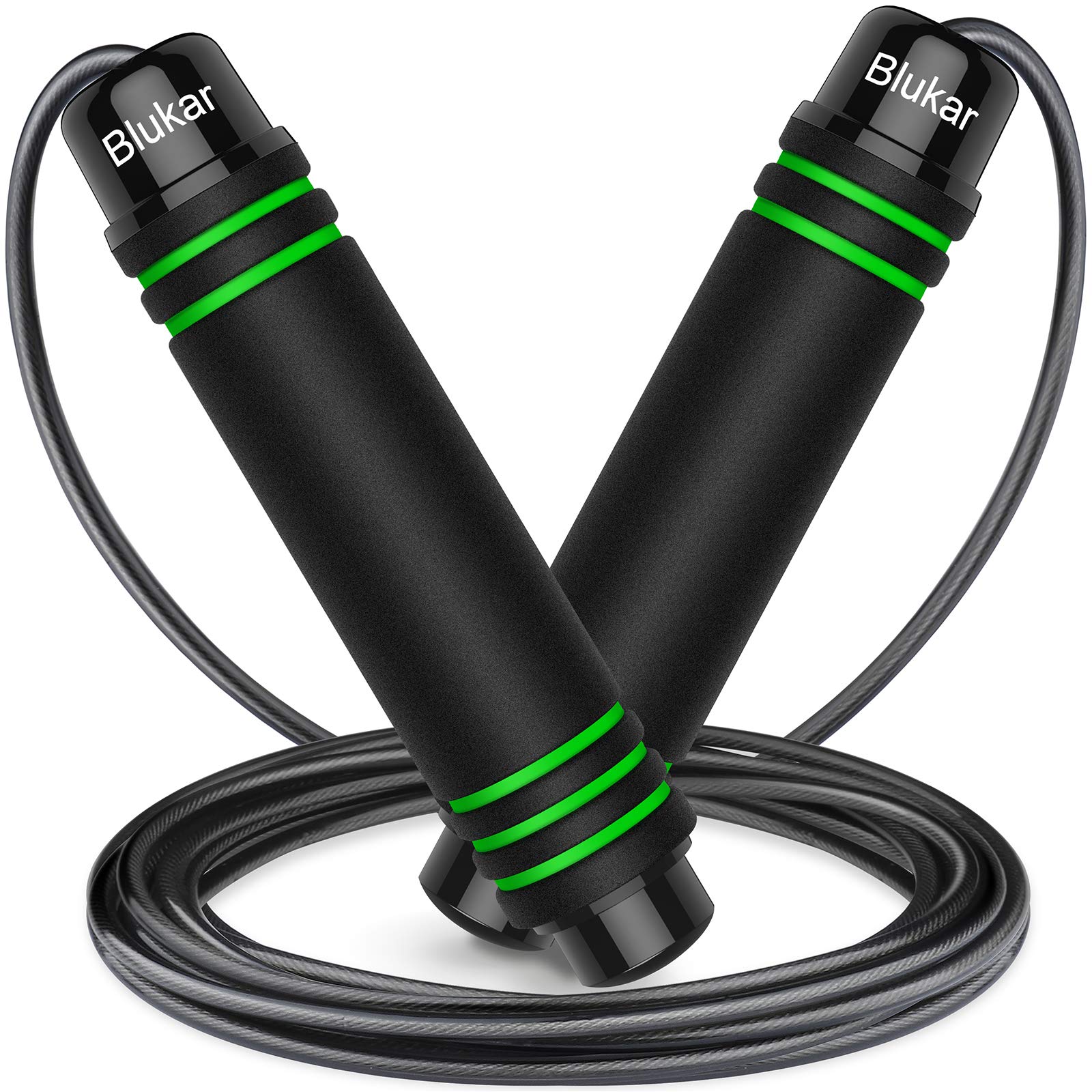 Black and green skipping rope with 'Blukar' branding on a white background