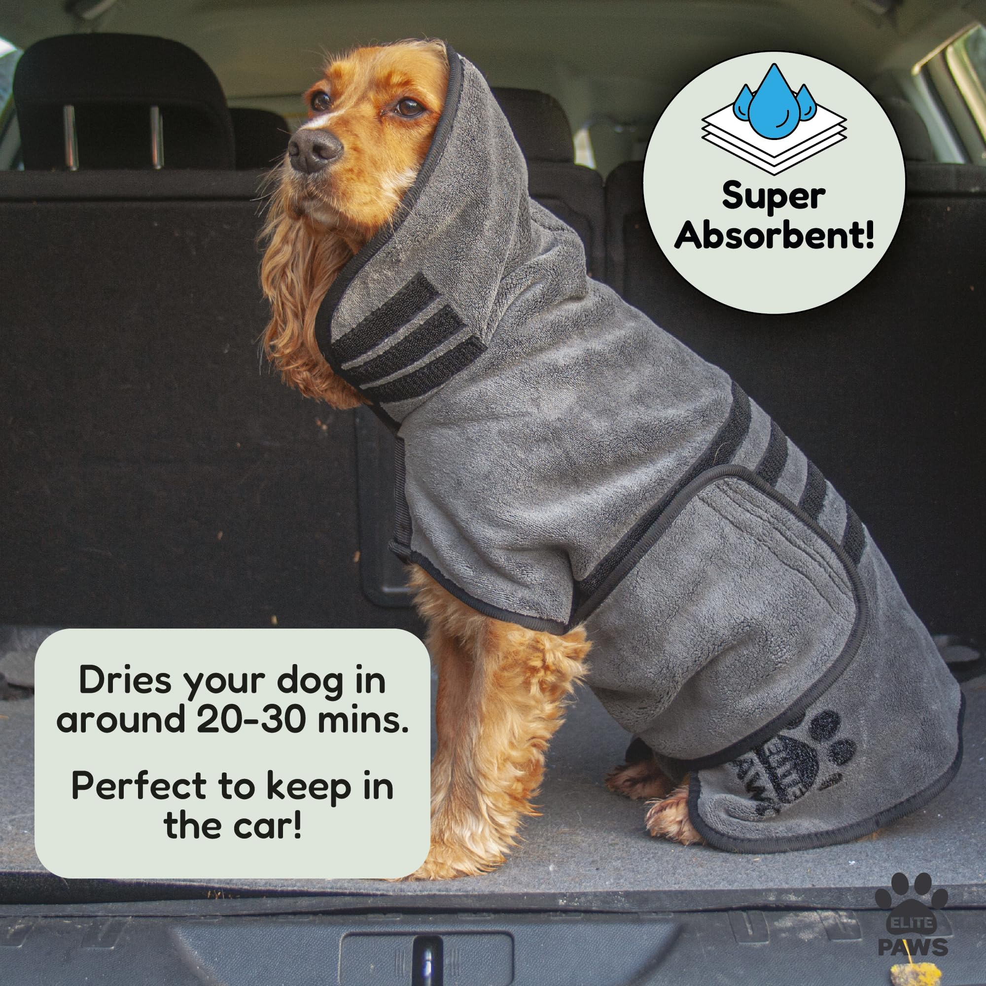 Dog wearing a gray drying coat in a car with text about its absorbent properties and drying time.