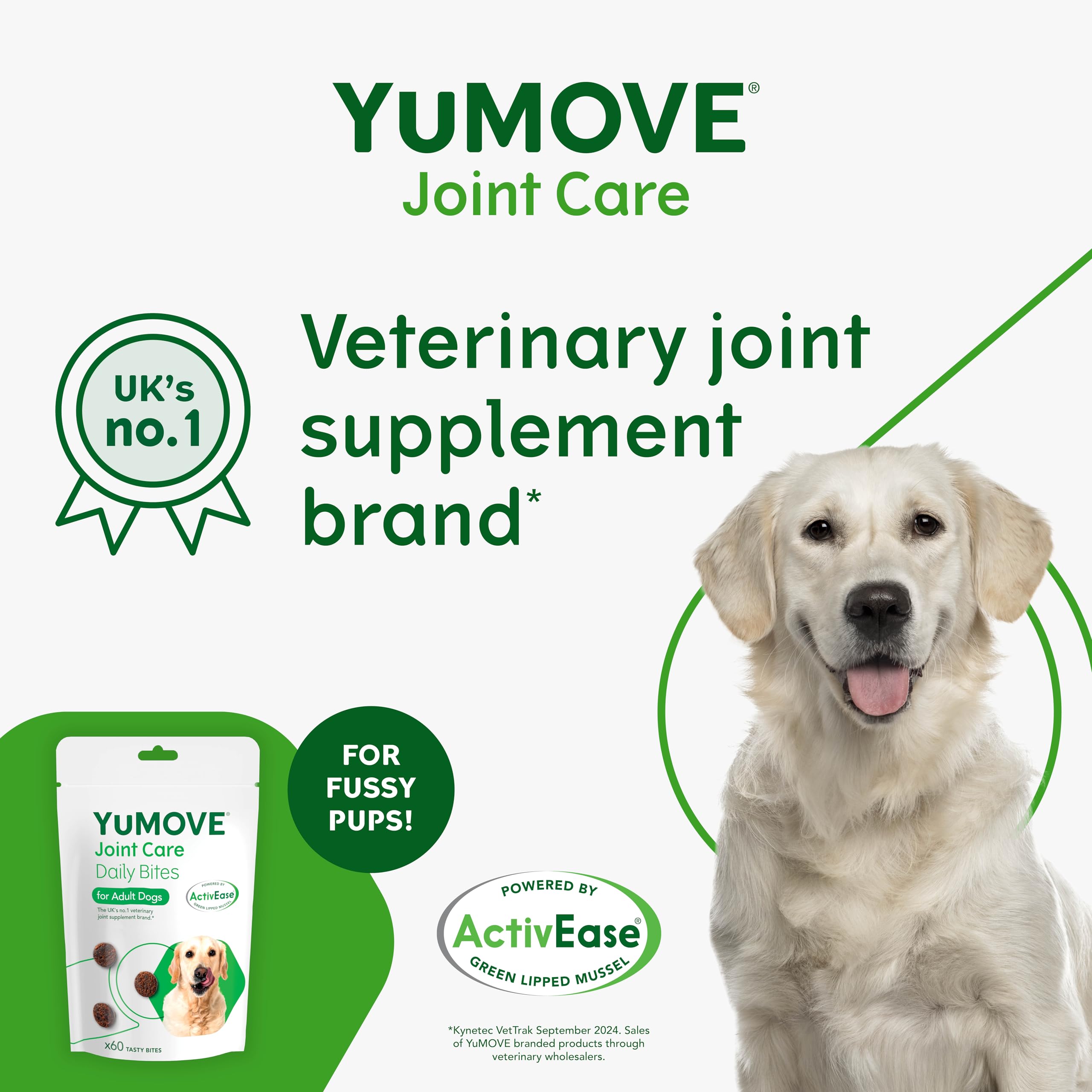 YuMOVE Joint Care veterinary joint supplement brand with a dog and packaging on a white background