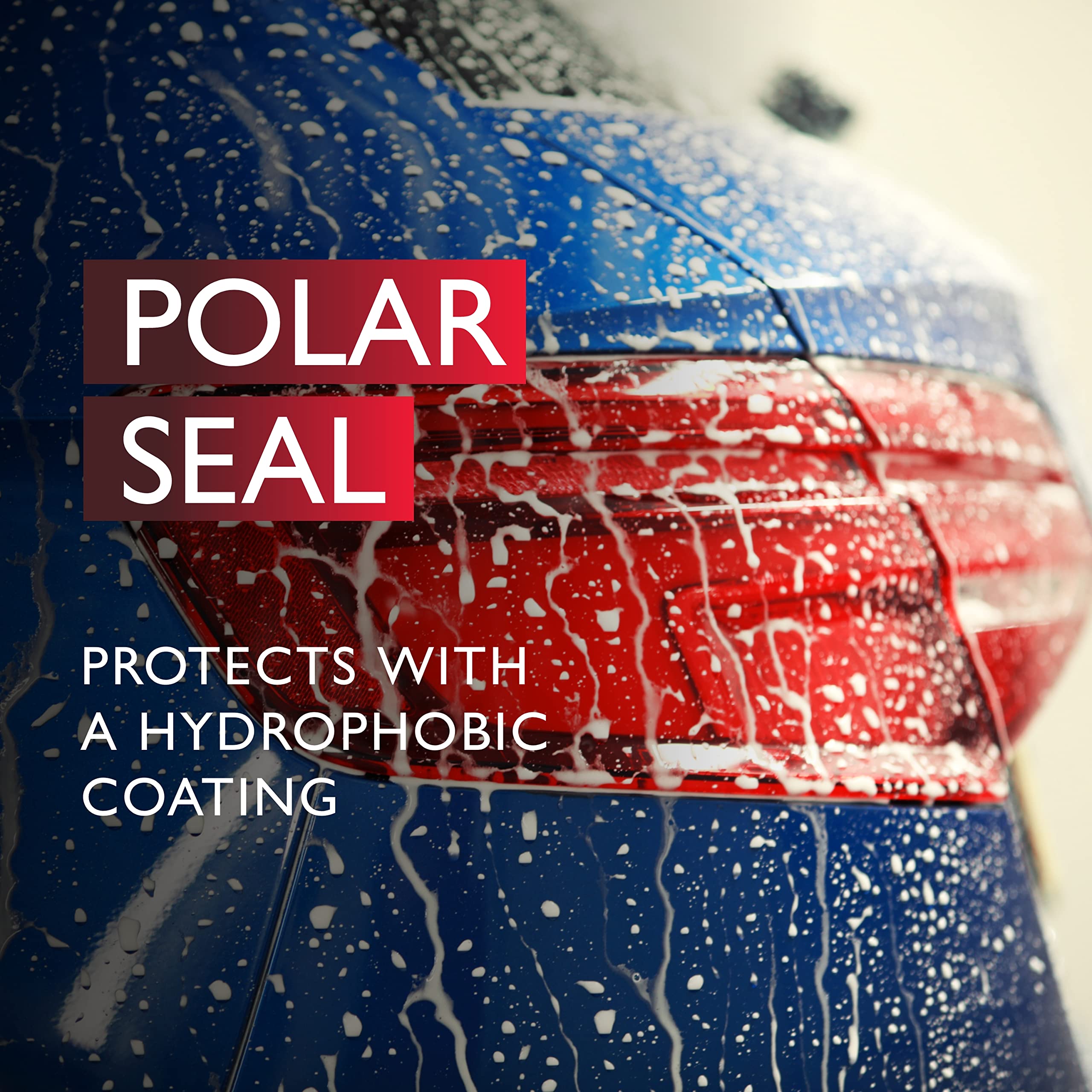 Car with water droplets on a blue background, featuring the Polar Seal branding.