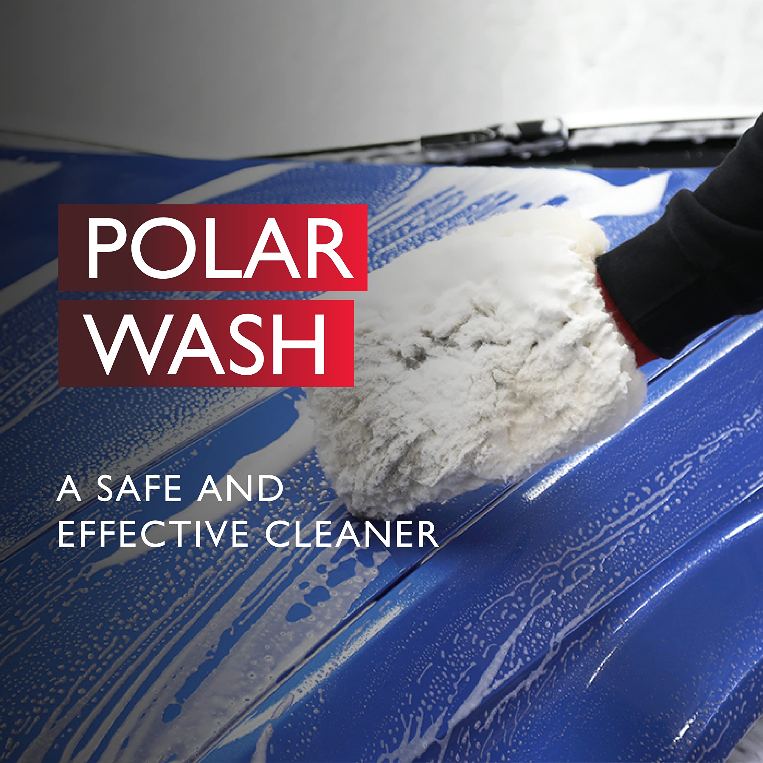 Person washing a blue car with Polar Wash cleaner, showing a close-up of the cleaning process.