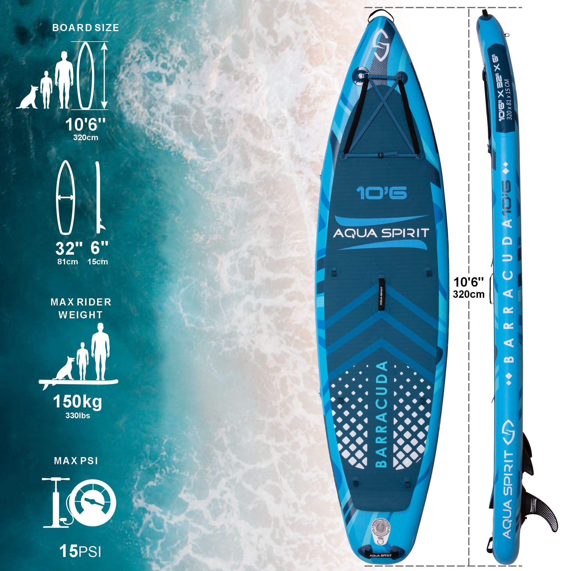 Blue Aqua Spirit paddleboard with measurements and specifications on a beach background